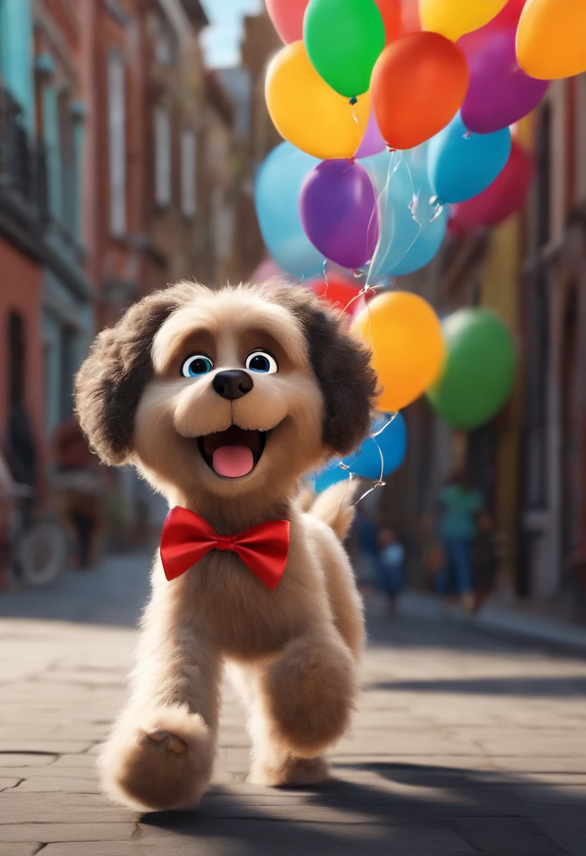 3D poster inspired by Disney/Pixar, a scene with a furry dog ​​with big ears, black hair and a brown goatee, with a red bow on her head, happy running after colorful balloons on the street, signs with the name BLACK and a girl with black hair curly to the shoulders with open arms smiling and happy in jeans, black sneakers and a gray shirt with blue glasses