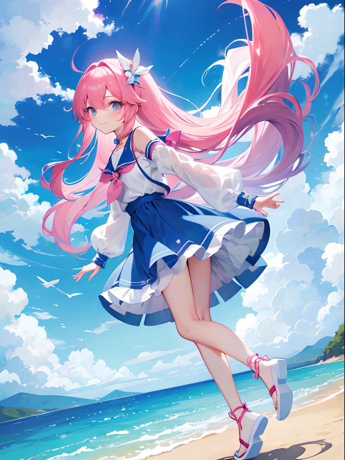 Girl with long pink hair、Cute high school girl like a fairy、Sea, blue sky and clouds、kirakira、Clothes that show shoulders、a smile、flying though the air、From head to foot、bare-legged、