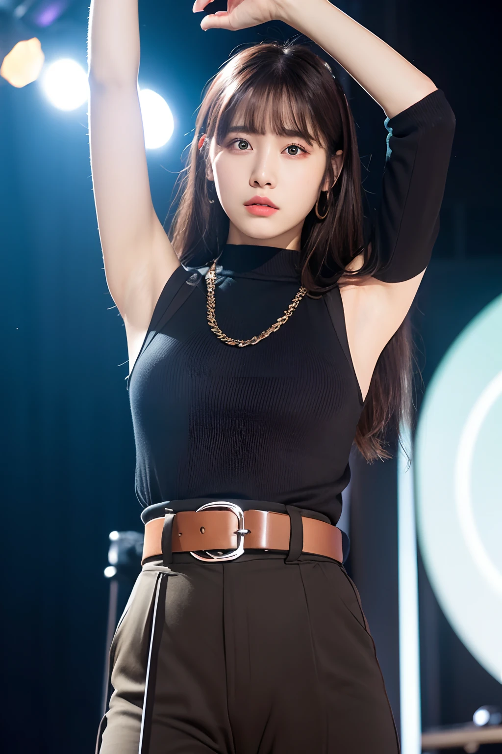 masterpiece、flat-colors、depth of fields、lens flare 1 girl、、Brown hair、watching at viewers black suspenders bulging big breasts Armpit sweat perspiring Side of both hands walls: Black pants, Black Suit Chain arma Gaze Small face Bangs Upper Eyes flank Colorcon Cutter shirt holster chain a belt