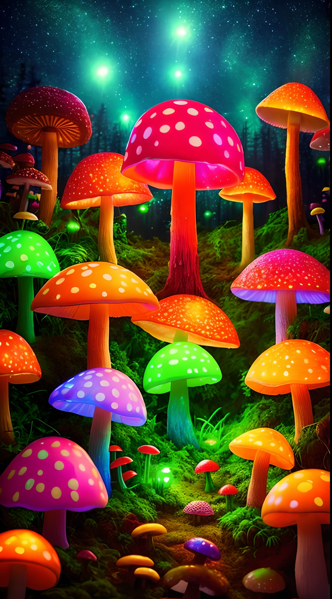 Cogumelos,High and low,Realiy,dream magical,with light glowing,Glowing forest, Green moss,Neon lights around mushrooms, ultra - detailed