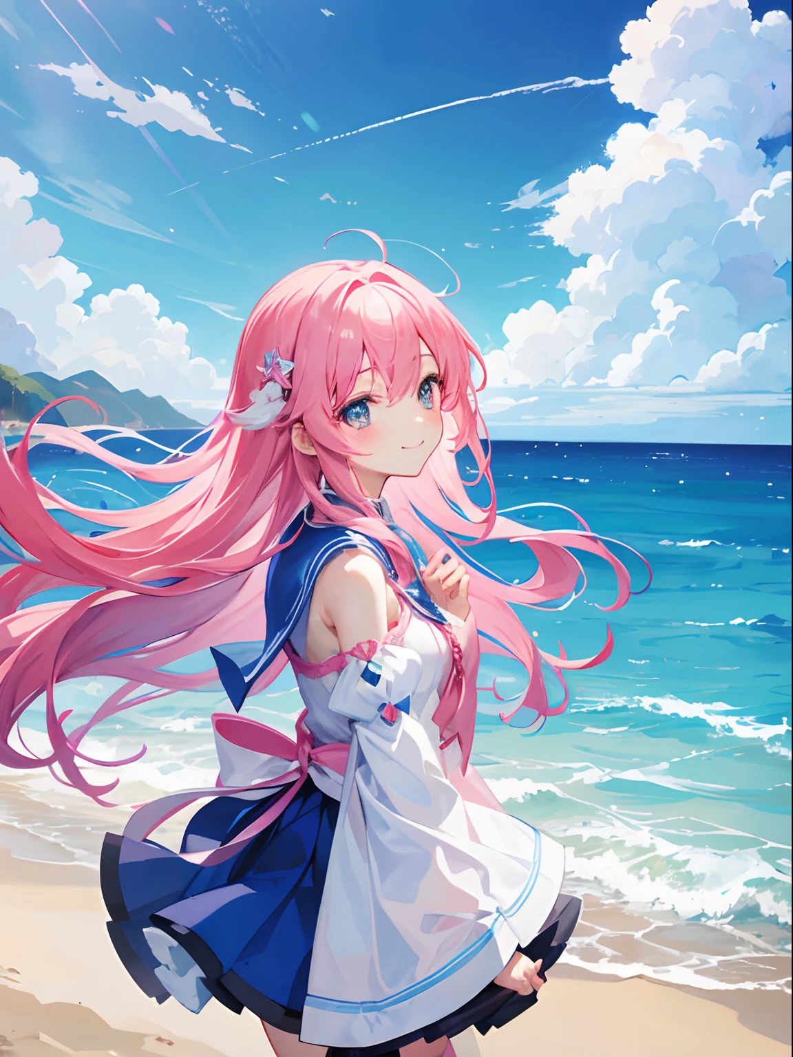 Girl with long pink hair、Cute high school girl like a fairy、Sea, blue sky and clouds、kirakira、Clothes that show shoulders、a smile、flying though the air、