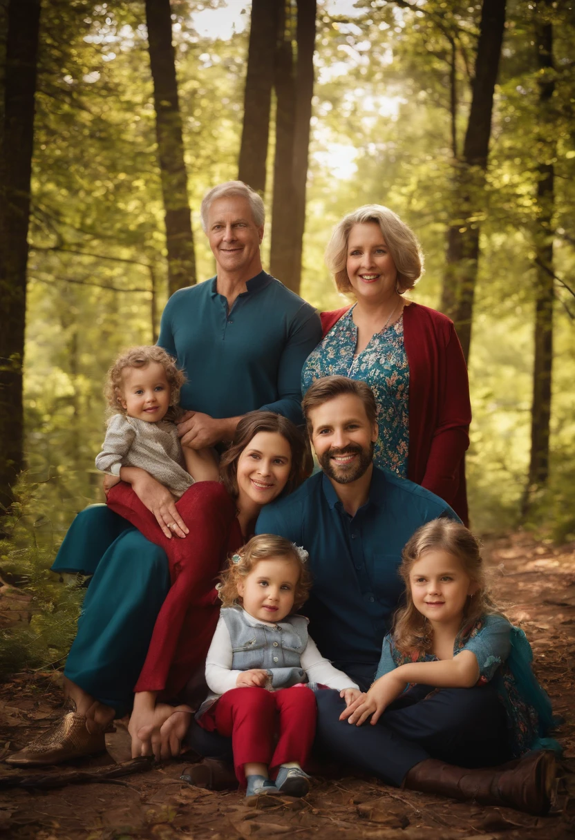 FATHER, MOTHER AND CHILDREN IN NATURE, intricate details, HDR, beautifully shot, realistic, sharp focus, 64 megapixels, perfect composition, high contrast, cinematic, 8K, CAUCASIAN, GOLDEN HAIR, BLUE EYES, FAMILY