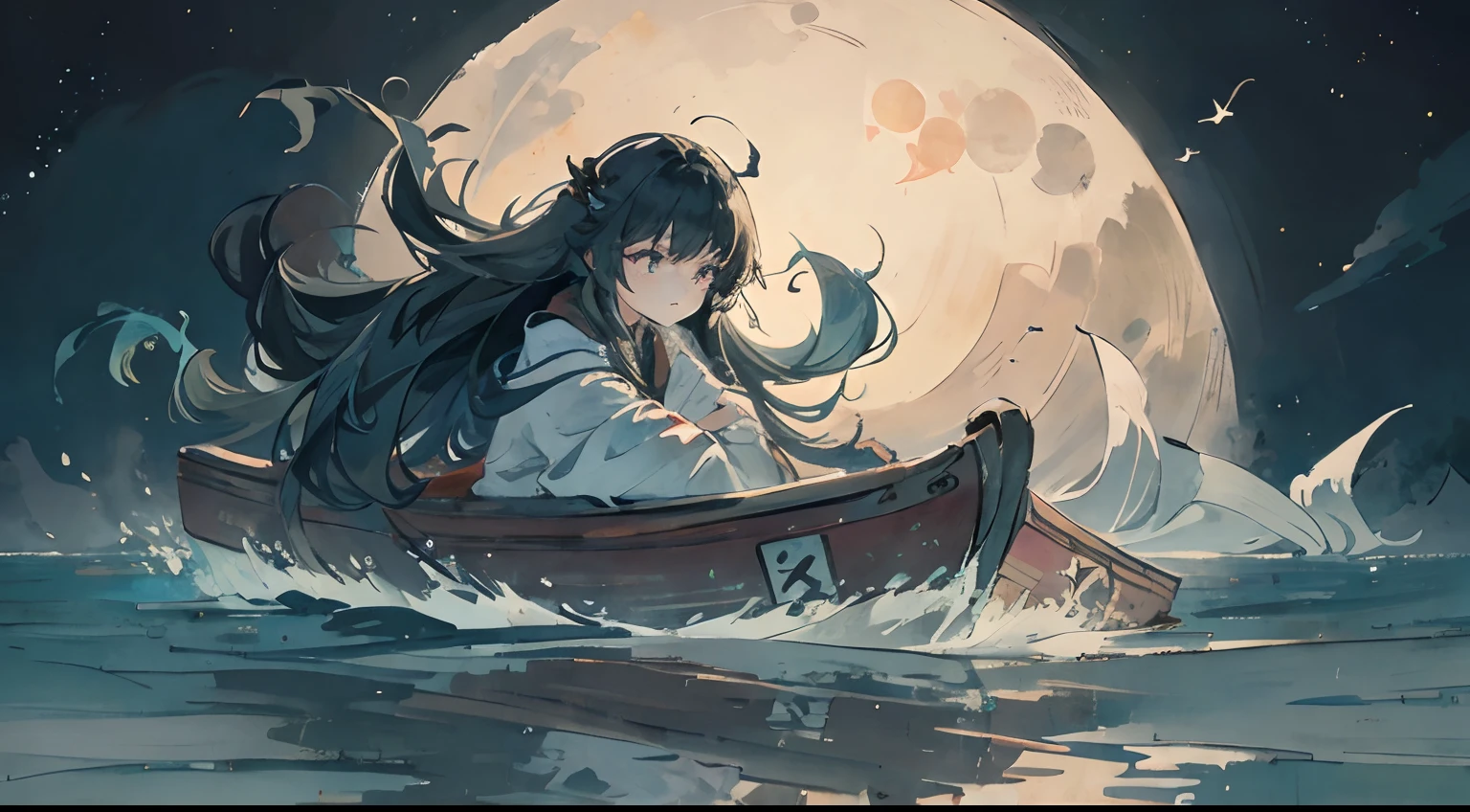 tmasterpiece，best qualityer，the night，above water，A melancholy long-haired woman lies on a boat in the middle of the lake，siluette，There is a reflection of the moon in the water，glowworm。