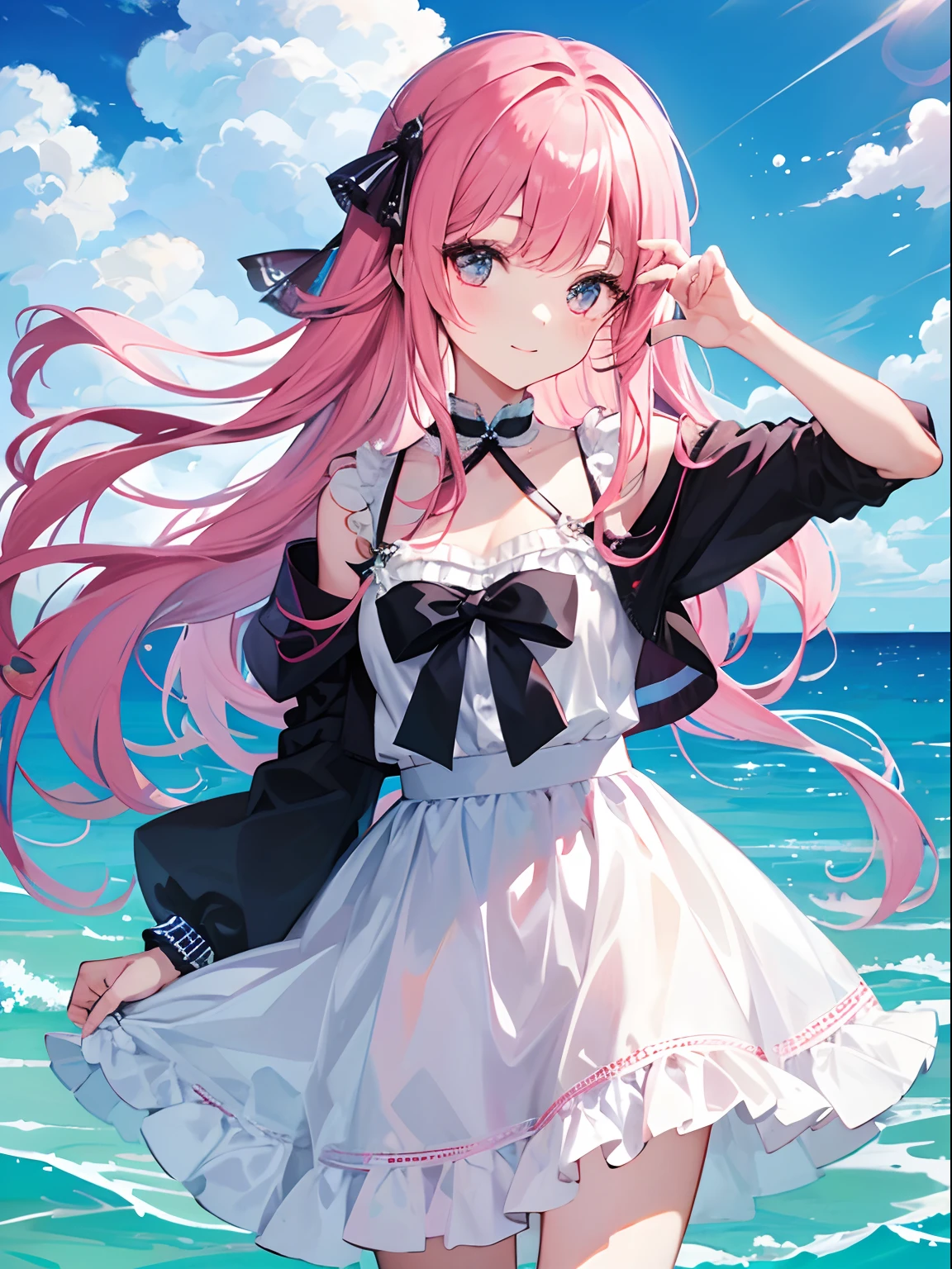 Girl with long pink hair、Cute high school girl like a fairy、Sea, blue sky and clouds、kirakira、