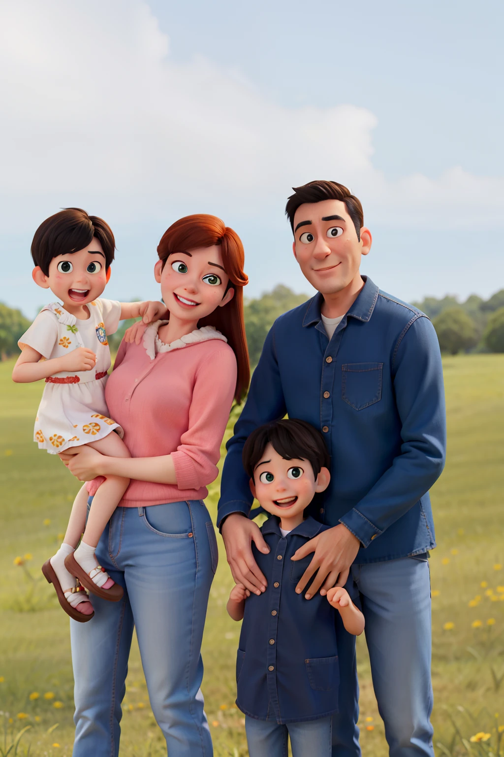 Paternal family, Mae, Son and daughter on mother's lap, Estilo Pixar, Cartazes, pixar animation,fundo em um grande vale verde, todos felizes, filme Pixar father little tanned, mother black hair