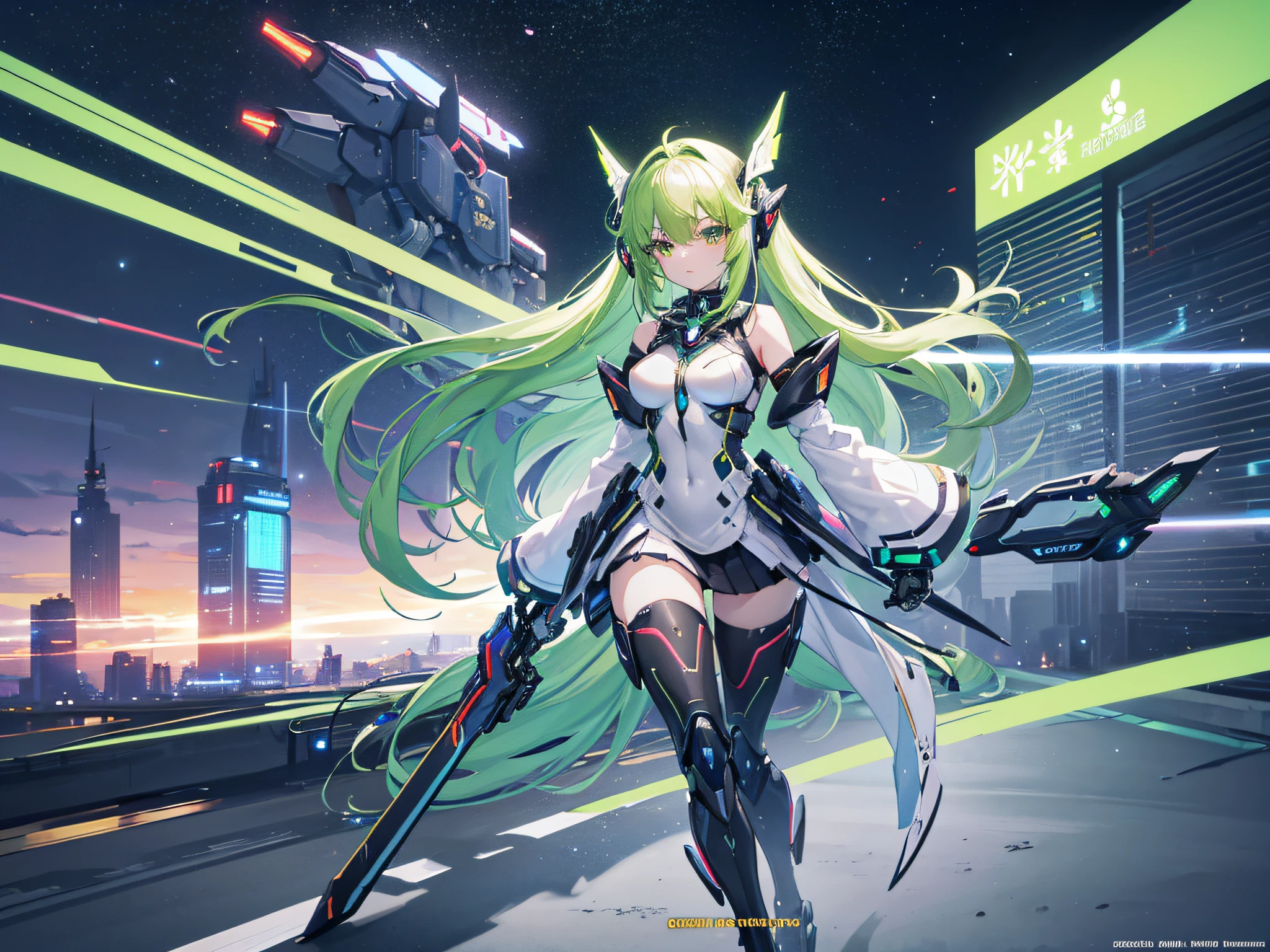 Straight hair　(Android girl with emerald green and black body)　Black Headgear　Combat stance　Green and black sci-fi body armor　full body Esbian　Sci-fi Skirt Armor　verd s eyes　pale yellow-green hair　Exposed shoulders　deadpan　Shoulder to shoulder　big breasts　Exposed thighs　Cyber City　cute  face　{{{​masterpiece}}}, {Highly detailed CG Unity 8K wallpapers},　cute  face, 独奏,　long-haired　nighttime scene　high quality digital concept art, epic sci-fi character art, epic sci-fi character art, mechanized valkyrie girl, Air and Mecha theme, Anime Mecha Aesthetics