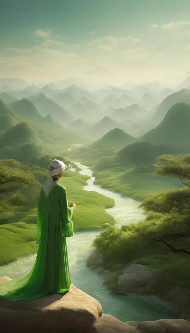 A person in Hanfu stands in a flowing landscape Flowing landscape Flowing landscape Song dynasty fine brushstrokes Landscape painting rendered in a cinema 4D Organic Flow Forms Gothic landforms and landforms Light green and white Mediterranean landscape Fluid formation