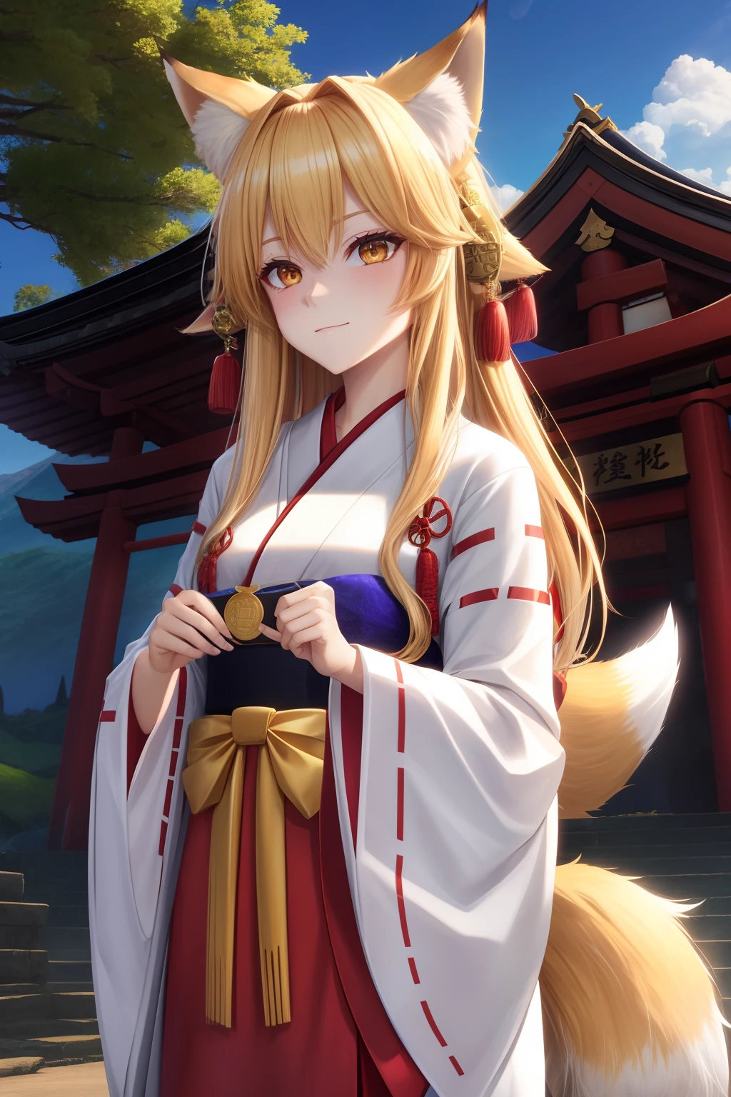 Lori, Fox ears, a blond, Golden Eyes, shrine maiden clothe, tail