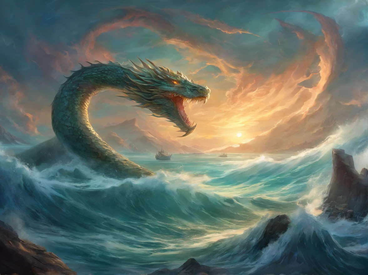 jormungandr, colossal sea serpent, in the middle of the ocean, wide view, rampage