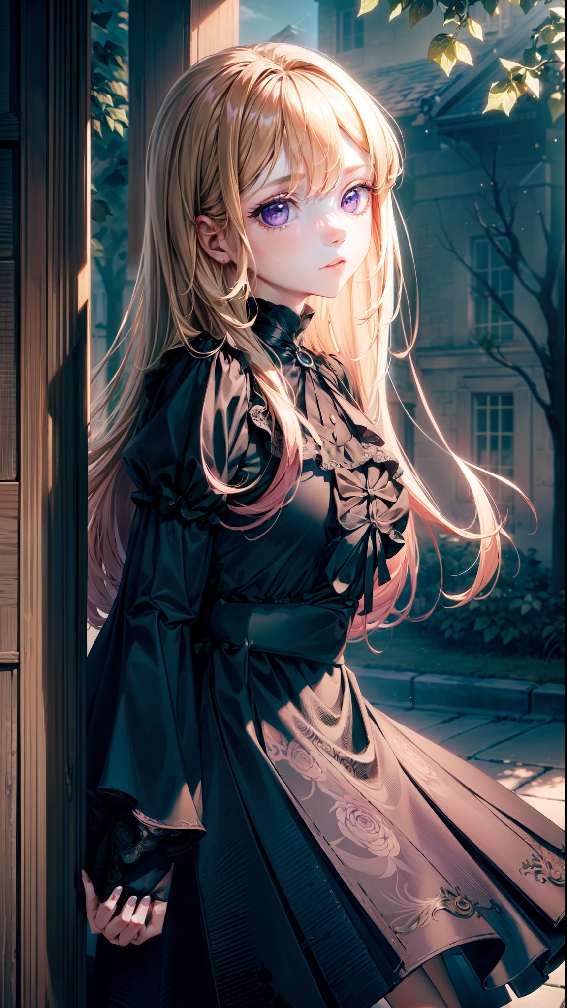 ((masterpiece, best quality)), 1girl, solo, short sleeves, (detailed eyes:1.3), pink eyes, (looking at the audience), long hair, blonde hair, sleeves, gothic, black dress, purple skirt, black gloves, outdoors, sleeves, full body, sunlight, daytime,