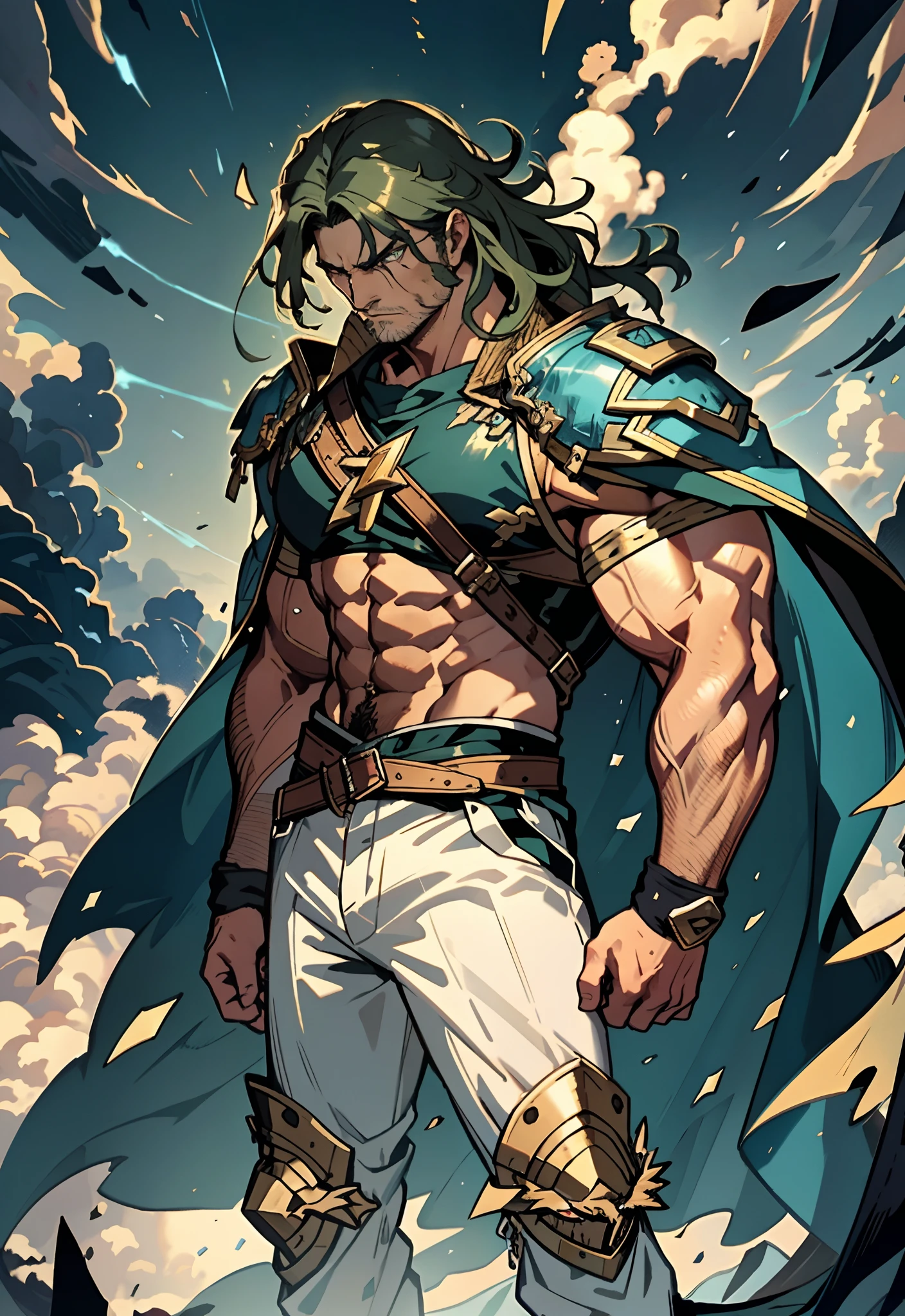A middle-aged man, dark green long hair, wildly disheveled and exaggerated hairstyle, a headband, no eyebrows, a stern gaze, a well-defined facial structure, a tall and muscular physique, a fantasy-realistic style outfit, only a half-length windbreaker coat, sleeveless, revealing sturdy abdominal muscles, wearing wrist guards, matching trousers with the outfit, standing like a deity, dark clouds gathering in the sky, flashes of lightning and thunder, wild winds swirling around, this character embodies a finely crafted fantasy-style wild overlord in anime style, characterized by an exquisite and mature manga illustration art style, high definition, best quality, highres, ultra-detailed, ultra-fine painting, extremely delicate, professional, anatomically correct, symmetrical face, extremely detailed eyes and face, high quality eyes, creativity, RAW photo, UHD, 8k, Natural light, cinematic lighting, masterpiece-anatomy-perfect, masterpiece:1.5