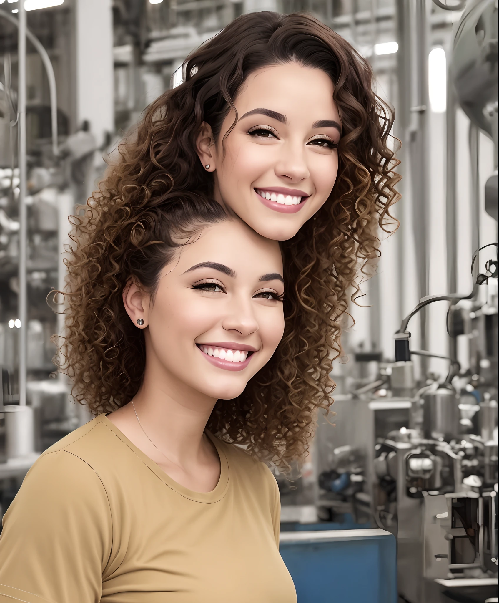 smiling woman with curly hair in a tan shirt in a factory, a picture by Nándor Katona, instagram, tachisme, alanis guillen, estefania villegas burgos, profile image, lorena avarez, in sao paulo, adriana dxim, fernanda suarez, foto realista, magda torres gurza