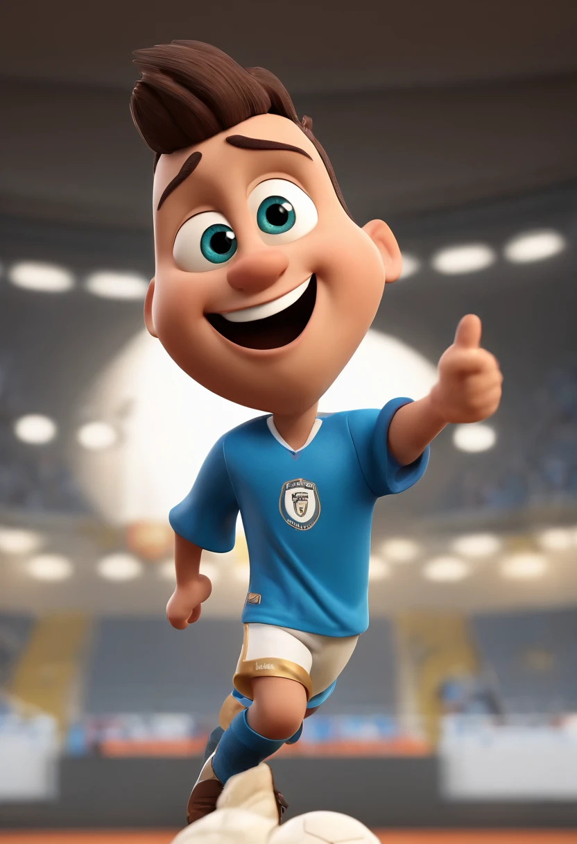 Personagem de desenho animado de Crisriano Ronaldo com uma camisa azul, um personagem animado, Caractere estilizado, animation style rendering, 3D estilizado, Arnold Maya render, 3 d render stylized, toon render keyshot, Personagem 3D, Personagem 3D, 3d rendering stylized, 3 d character render, personagem de desenho animado, Personagem de close up, Pose de personagem, (Estilo Pixar) (master part:1.2) (Bokeh) (best quality) (pele detalhada) (textura detalhada) (8k) (argila) (Cinematic lighting) (foco nítido,Senta e vaza a parte superior do corpo. chutando uma bola de futebol