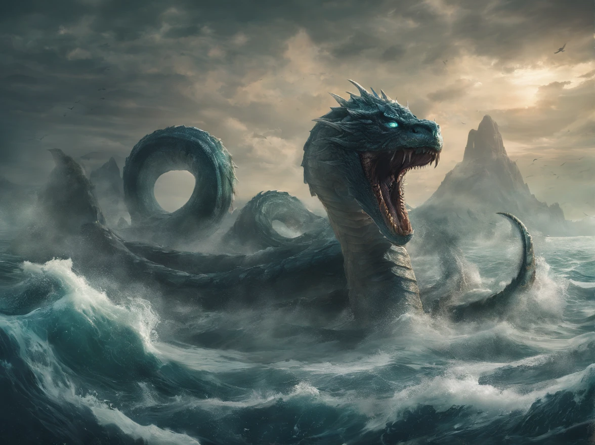 jormungandr, colossal sea serpent, in the middle of the ocean, wide view, rampage