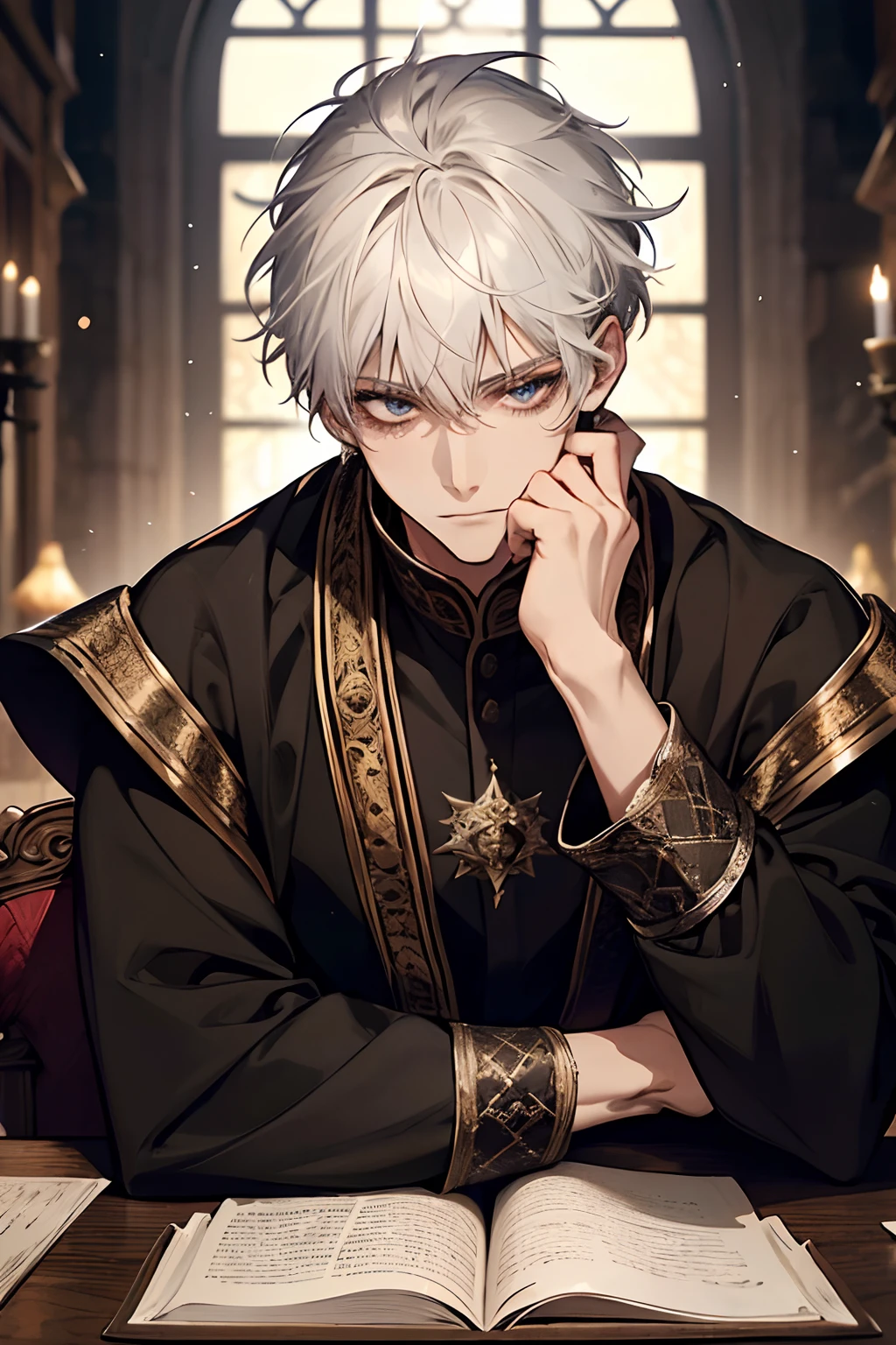 1male, calm, adult, age 35 face, short messy hair with bangs, white hair, royalty, prince, wears black clothing, in a castle, adult face, two hands, sitting at a table with a book, medieval times, close up, calm