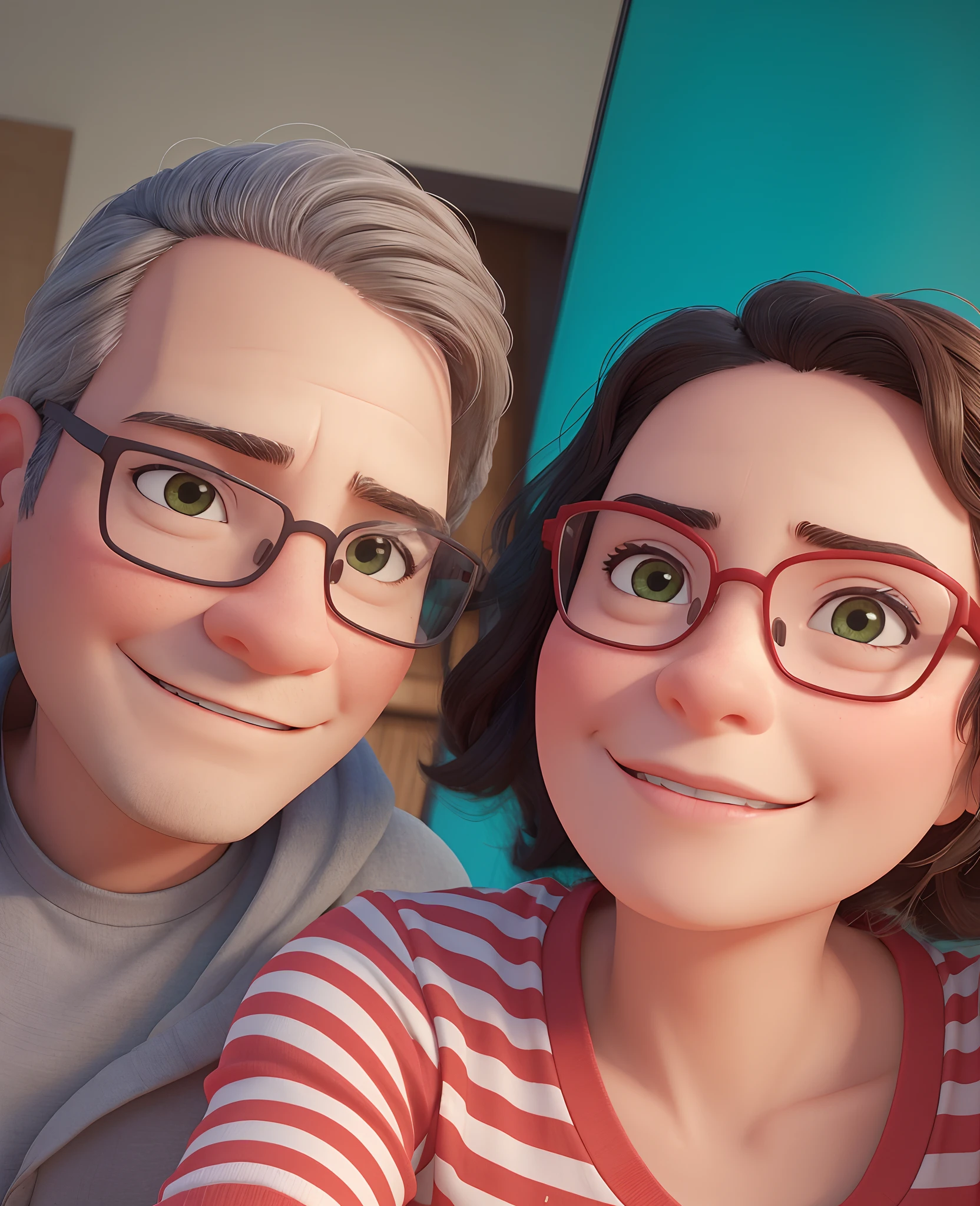 Na fotografia, temos um casal, With the man on the left and the woman on the right. O homem apresenta cabelos grisalhos curtos e um leve sorriso, But he's serious and a little angry. His masculine traits include a defined jaw and thick, rectangular rimmed glasses that frame his watchful eyes. Ele usa um moletom cinza e o vislumbre de uma camiseta branca por baixo. A mulher, por sua vez, tem cabelos escuros e curtos, Framing the face with soft, feminine strokes. She wears red-rimmed glasses that complement the joy expressed in her soft smile and wears a horizontally striped blouse in white and red. They both seem comfortable and at ease in each other's company, compartilhando uma proximidade que sugere intimidade e cumplicidade. Behind them, There's a turquoise-colored wall, proporcionando um contraste vibrante que destaca ainda mais os sujeitos da imagem.