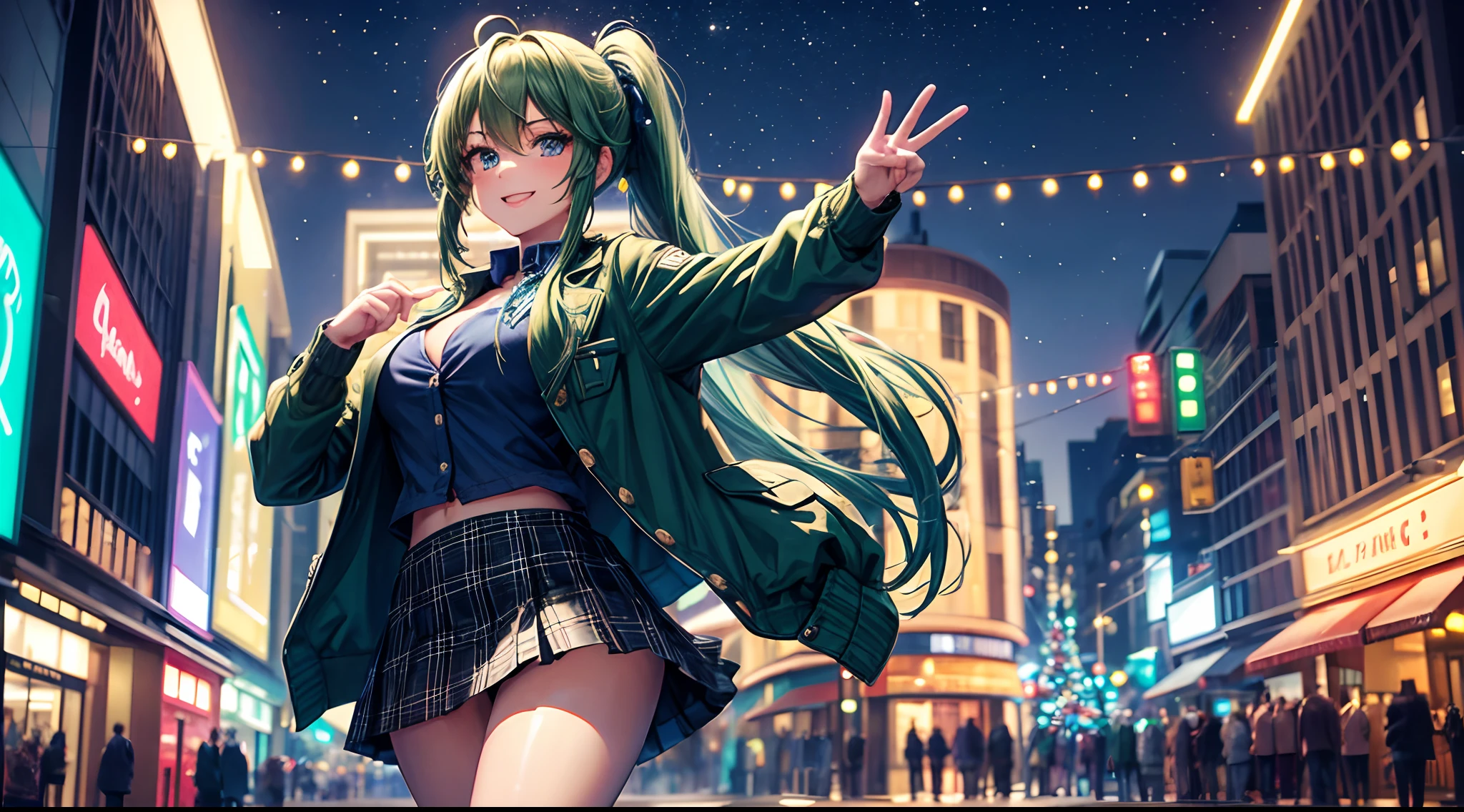 1girl, solo, full body, christmas, christmas tree, street, night, lights, gift, long hair, green hair, ponytail, large breasts, button down, ((opened jacket)), dark blue eyes, ((blue shirt)), checked shirt, ((mini skirt)), smile, looking at the viewer, standing