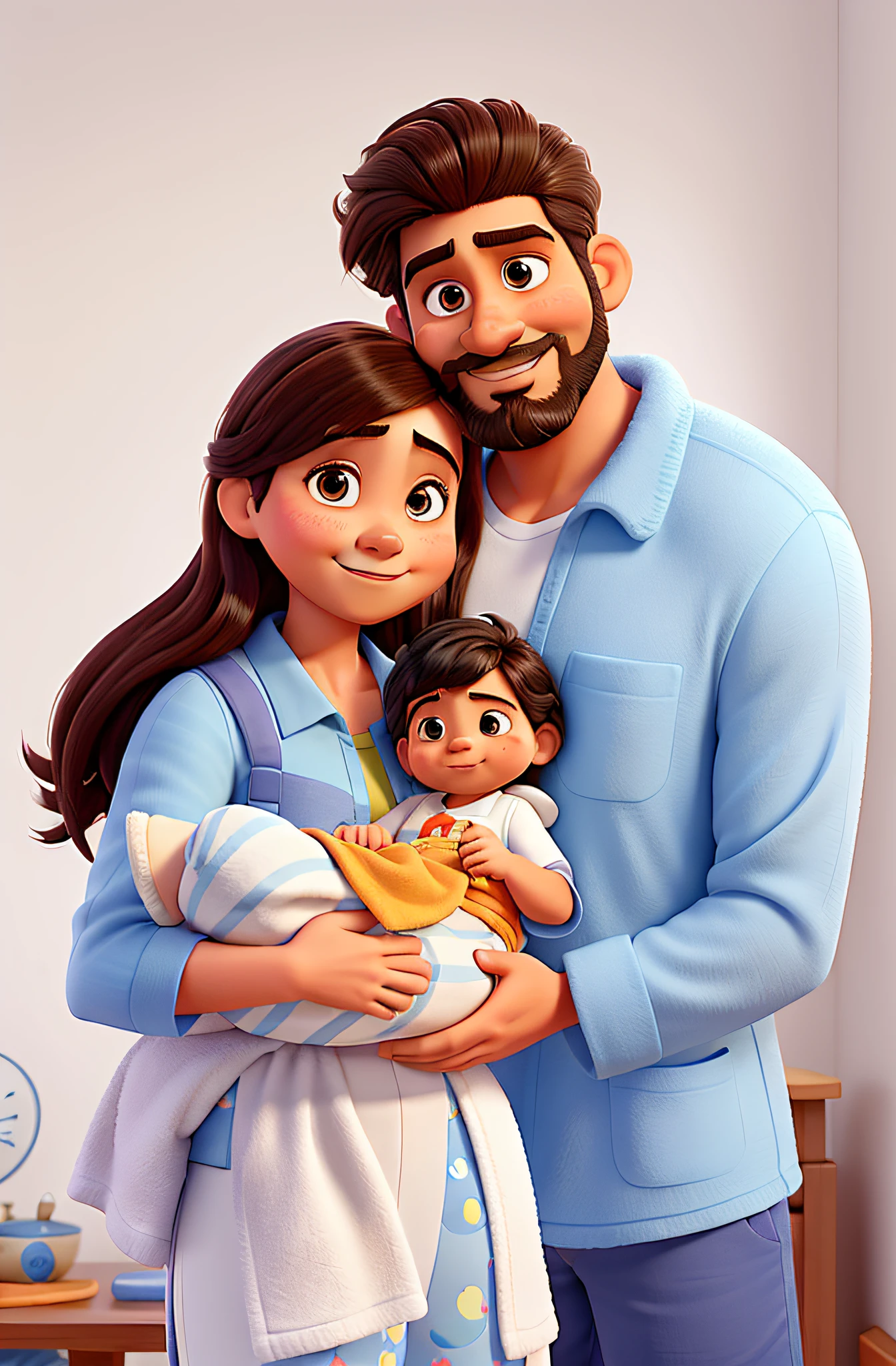 pai magro com cabelo crespo enroladinho/cacheados, Short beard, mustache and white shirt smiling next to straight-haired mother carrying a baby sleeping on blue towel on her lap, Disney pixar | | |