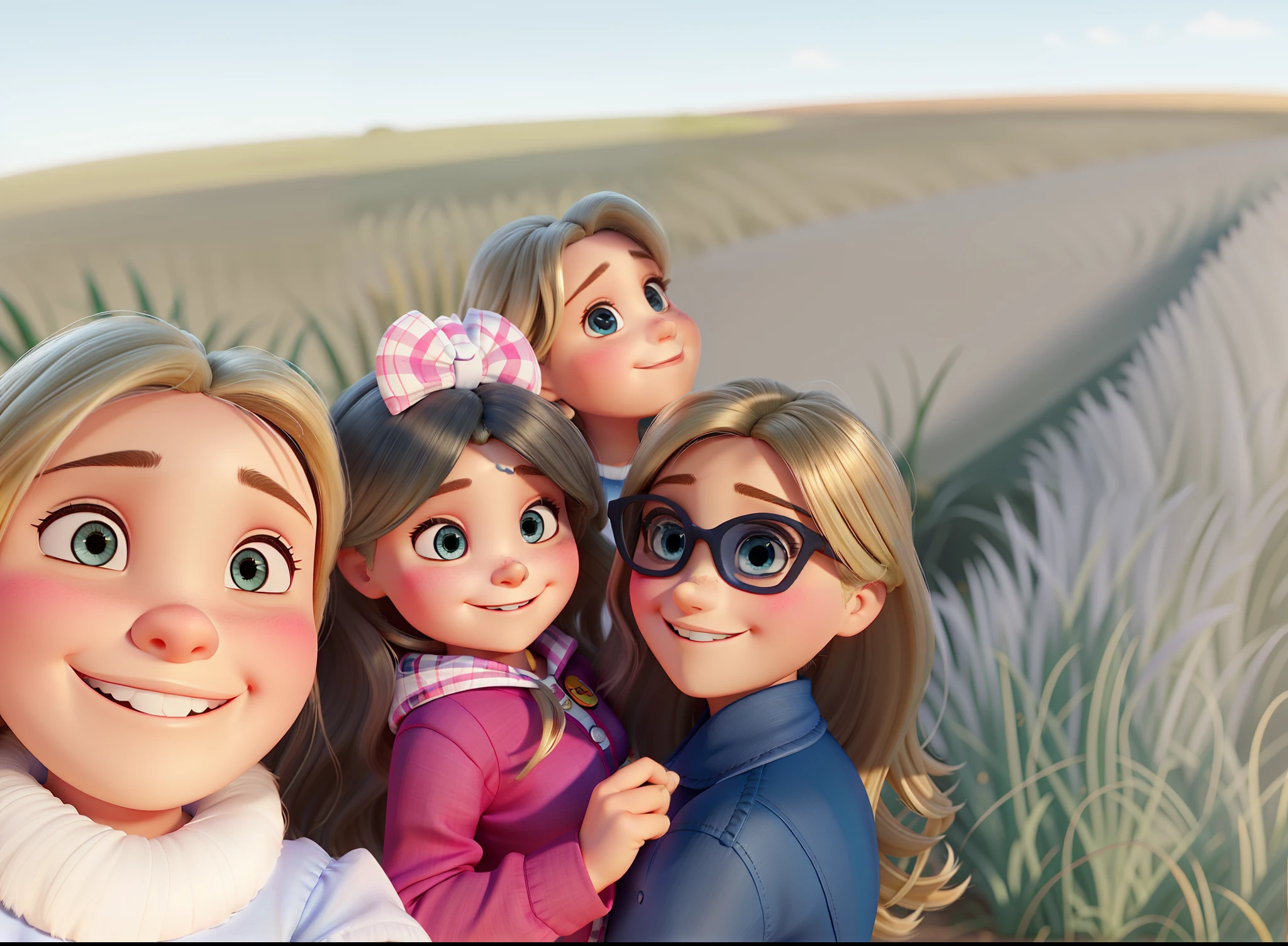 Uma mulher de blusa branca, cabelos longos, uma mulher de jaqueta preta cabelos longos segurando uma menina no colo de blusa vermelha, Behind a smiling blonde woman, ao fundo um campo de lavandas no estilo Disney pixar, alta qualidade, melhor qualidade
