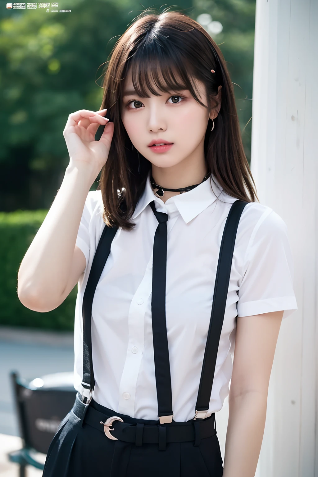 masterpiece、flat-colors、depth of fields、lens flare 1 girl、、Brown hair、watching at viewers black suspenders bulging big breasts Armpit sweat perspiring Side of both hands walls: Black pants, Black Suit Chain arma Gaze Small face Bangs Upper Eyes flank Colorcon Cutter shirt holster chain a belt