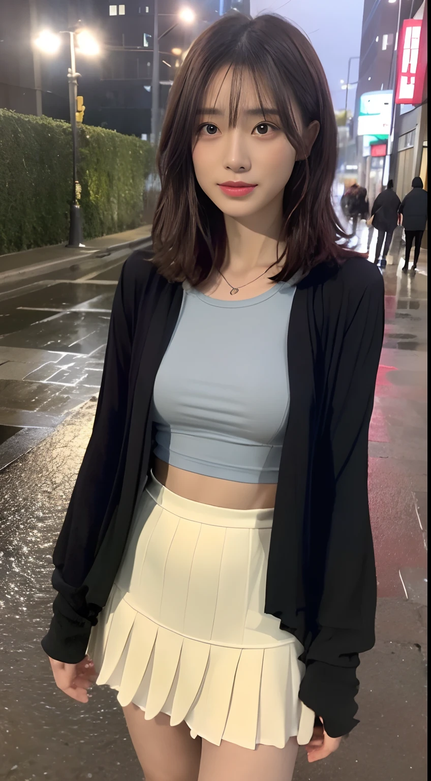 ((best qualtiy, 8K, tmasterpiece:1.3)), Focus:1.2, perfect figure beautiful woman:1.4, Slim abs:1.2, ((Cut hair in layers, :1.2)), (wetclothes:1.1) , (rain, street:1.3), Get wet:1.1, Highly detailed facial and skin texture, A detailed eye, 二重まぶた,Double layer clothes,the night,a skirt