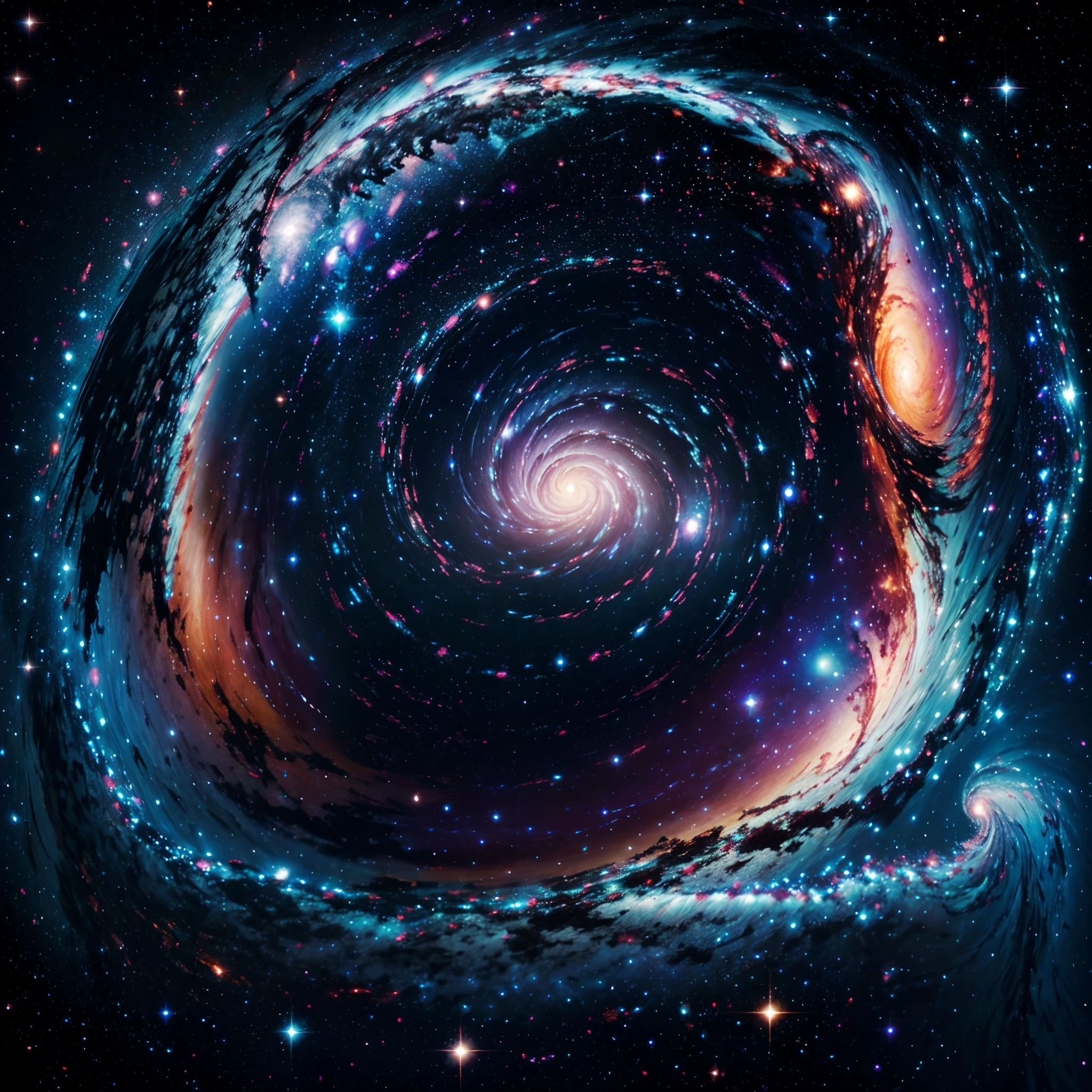 Astrophotography of the universe showcasing a mesmerizing spiral galaxy with vibrant arms stretching across the celestial canvas, dotted with countless shimmering stars, nebulae, and cosmic dust clouds, evoking a sense of awe and wonder, Photography, high-resolution DSLR camera with a wide-angle lens