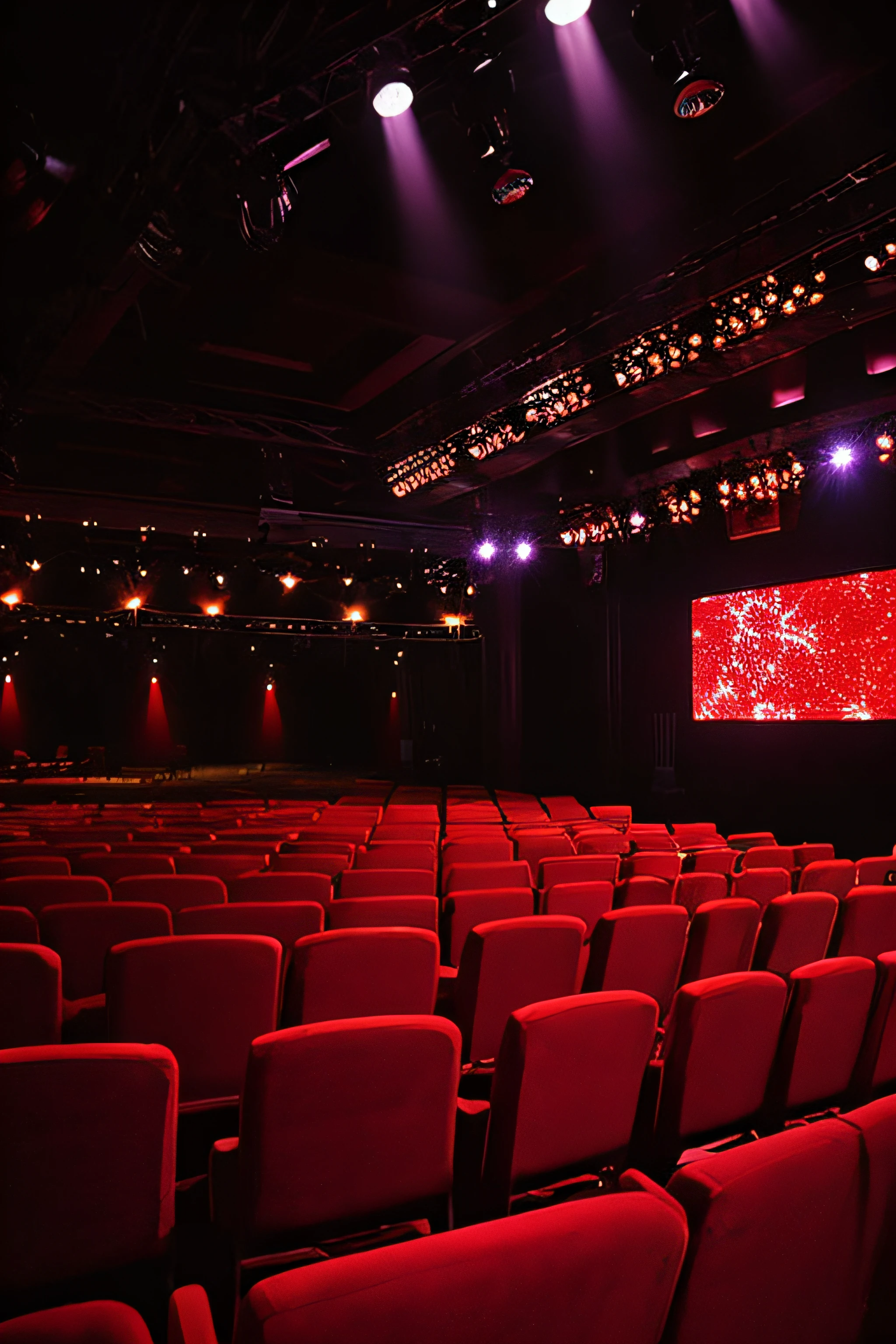 no person,Inside the cabaret,Spacious seating,Glamorous stage,Bewitching red light,