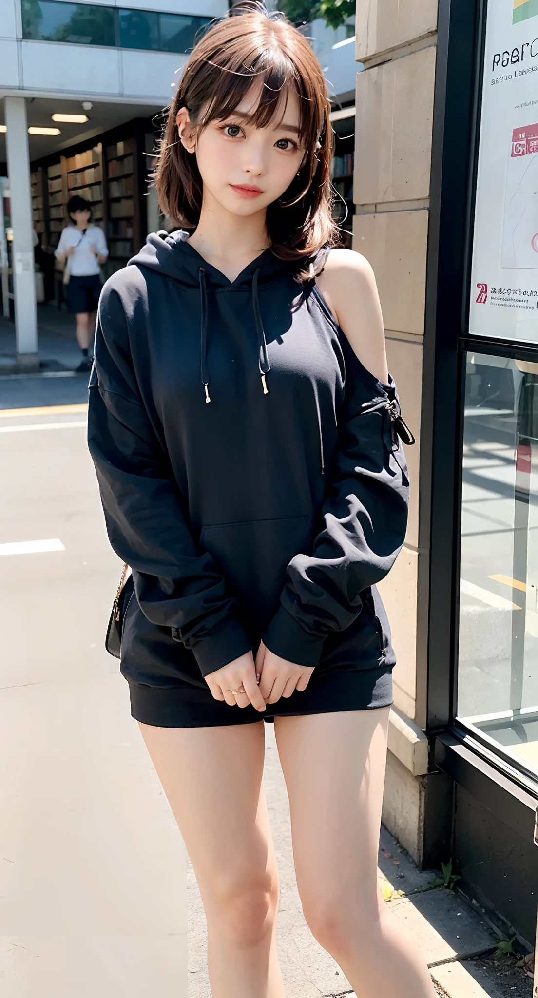 (Hang the shoulder bag diagonally on the body, woman with a diagonal strap between her breasts, Seat belt effect:1.3), (((Look away,poneyTail、is standing、Stand on one leg、smil))),(((((Baggy Sweatshirt Hoodie、Oversized hoodie with baggy、Shoulder bag、sockes、espadrilles))))),((at the library、Reading a book))、masutepiece, 1girl in, best qualtiy, Ultra Detail, (shiny), (Small)、(((with blush cheeks,))),Ray tracing,Perfect Lighting, (milky skin:1.2),reflection, up looking_で_viewer, blush, yellow_Eyes, Japan's cutest 28-year-old beautiful girl、Small ribbons in the hair、Contrast Legs