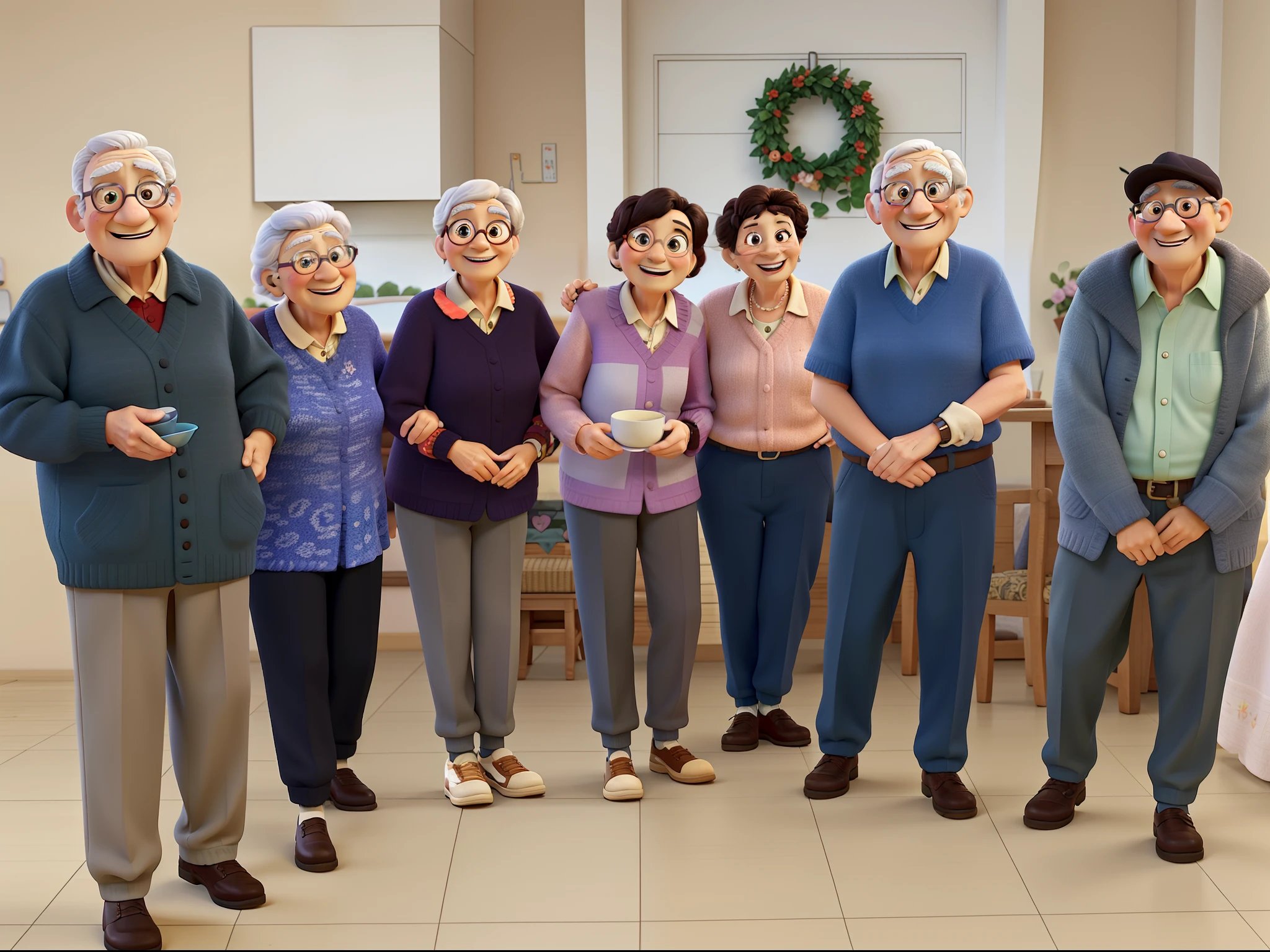 A group of friendly and happy elderly people in Pixar style in high quality