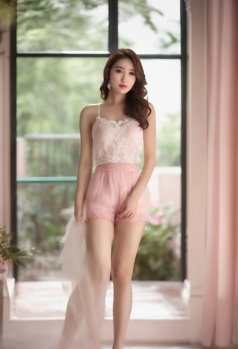 (8K, Best Picture Quality, tmasterpiece:1.2), (Best Picture Quality:1.0), RAW photography, (Ultra high resolution: 1.0), a beautiful woman, Pink panty bra, Detailed privacy, Childlike, Slightly angry, Delicate breasts, Tempting, High school girls, Brown eyes, lace legwear, Princess cut, (Photorealistic photorealism:1.37)foreground, depth of fields, The background is in the villa, Age 22 years, beautifullegs, Thin leg, swim wears, Powder blue shirt, Minami Kojima idol, 女優, shinning eyes, shiny lip, The legs show delicate fingers, Sharp shots with low angles underneath, Exposed knees, The lighting is clear, textured skin