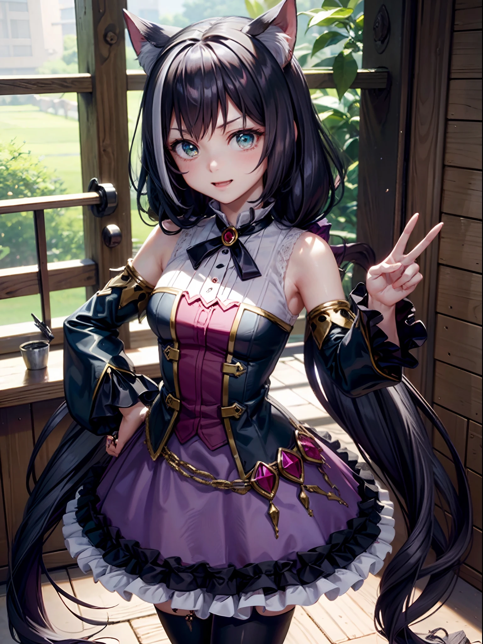 Ultra-detailed, hight resolution, top-quality、 [3D images:1.15]、one girls、独奏、Cute Peace Sign、Extremely detailed,Standing,独奏、Prikone、[8k picture:1.15],[Attractive eyes,A detailed eye、Colorful eyes、radiant eyes:1.25]、Anime girl in purple dress and black cat ears, small curvy loli、sprincess connect_Cal、anime moe art style, anime cat girl in a maid costume , shalltear from overlord, Anime Full Body Model,  Official Character Art