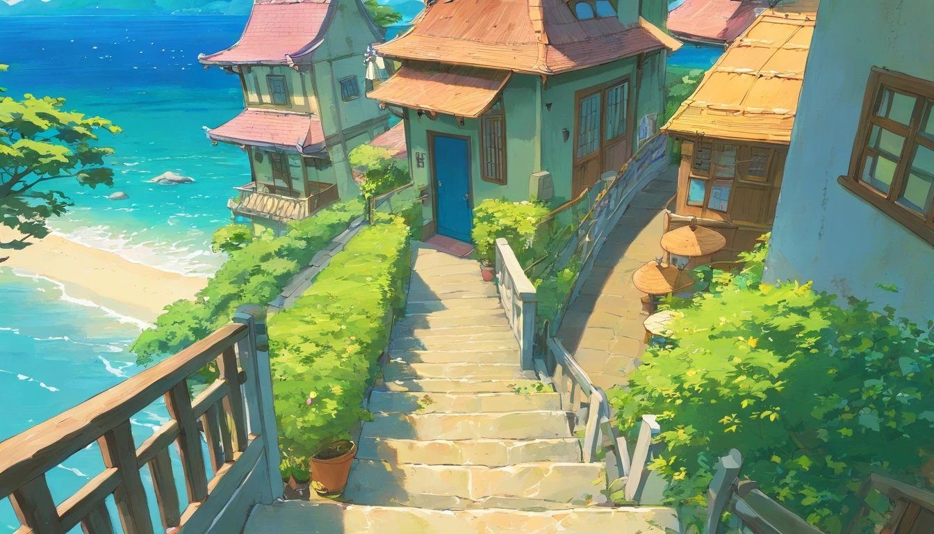 top of the stairs, beach side, houses beside the stair