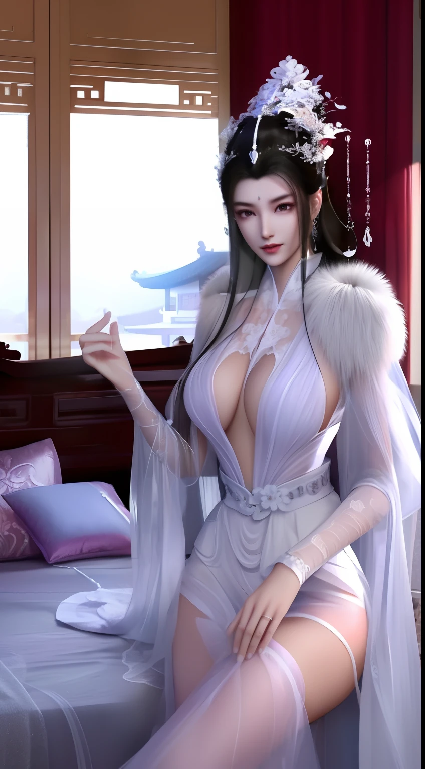 Yue Yao,Immaculate,cleavage,Round, Straight breasts,Big breasts Thin waist,Flat and smooth lower abdomen,Sheer tulle dress,inside in room,Beds