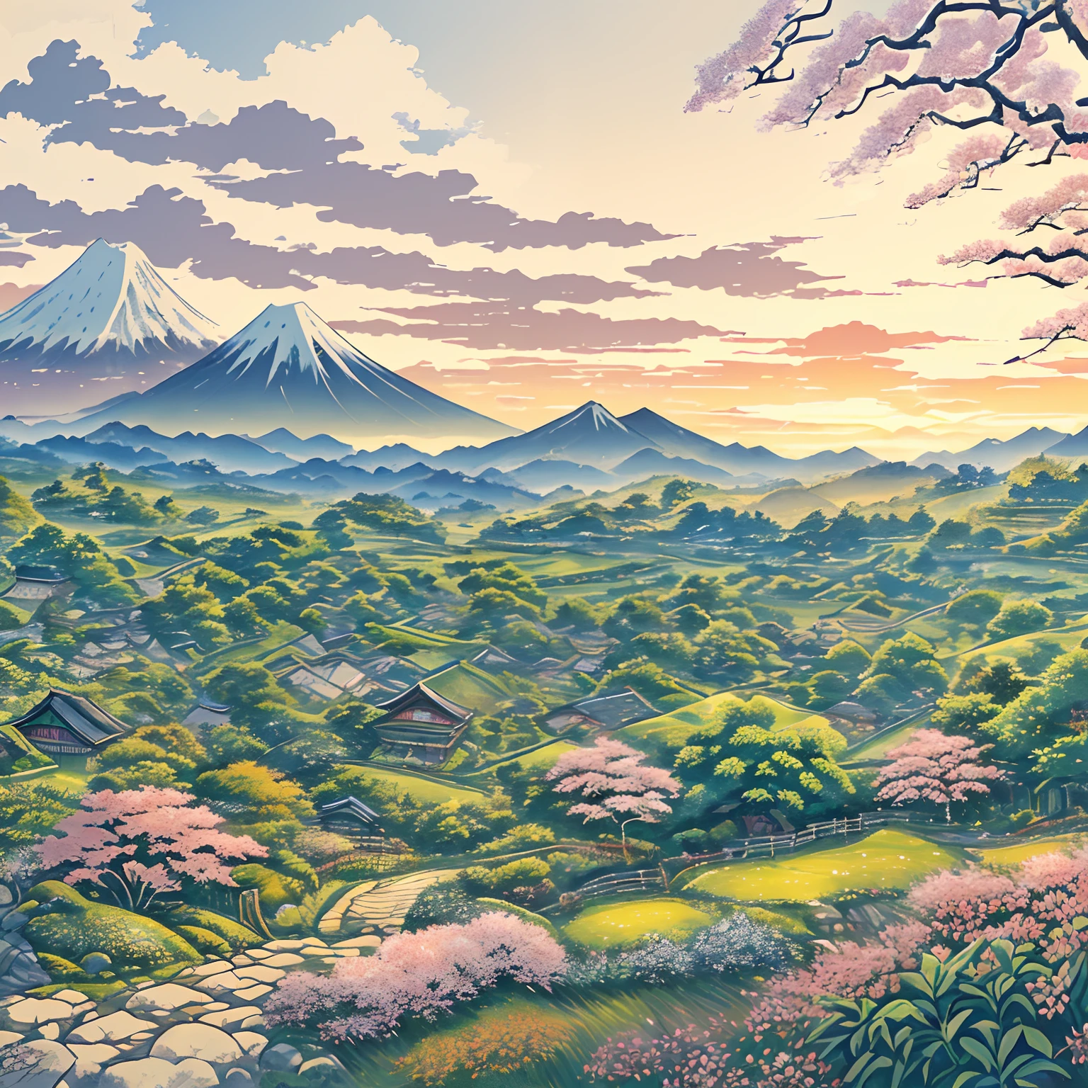 tmasterpiece,Best quality at best,scenecy,No Man,The scenery of Hokusai,the trees,rios,bushes,fresh flowers,the sunset,Tea field,mountain range in background