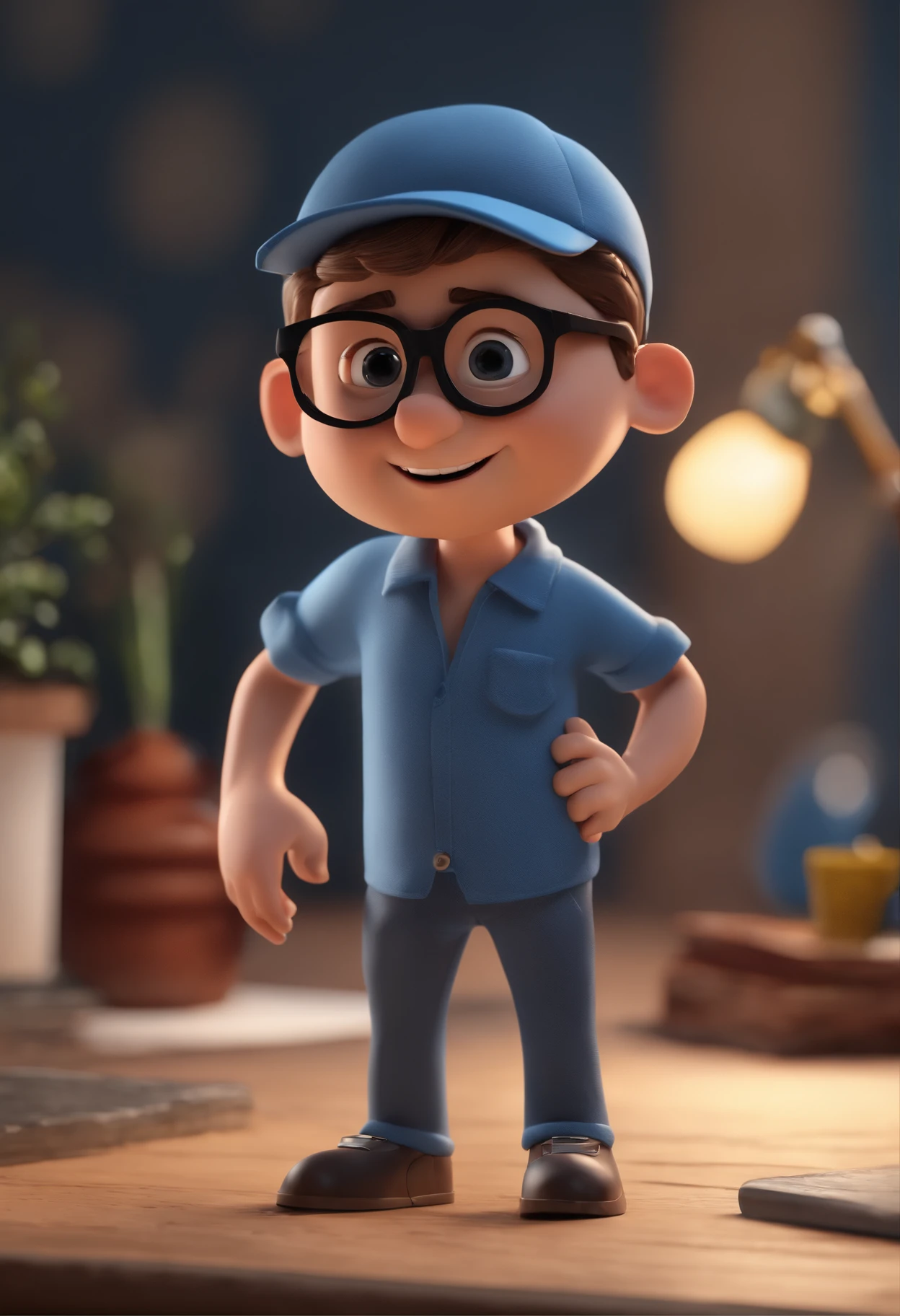 Cartoon character of a man with black glasses and a blue shirt, animation character, Caractere estilizado, animation style rendering, 3D estilizado, Arnold Maya render, 3 d render stylized, toon render keyshot, Personagem 3D, Personagem 3D, 3d rendering stylized, 3 d character render, personagem de desenho animado, Personagem de close up, Pose de personagem, (Estilo Pixar) (master part:1.2) (Bokeh) (best quality) (pele detalhada) (textura detalhada) (8k) (argila) (Cinematic lighting) (foco nítido