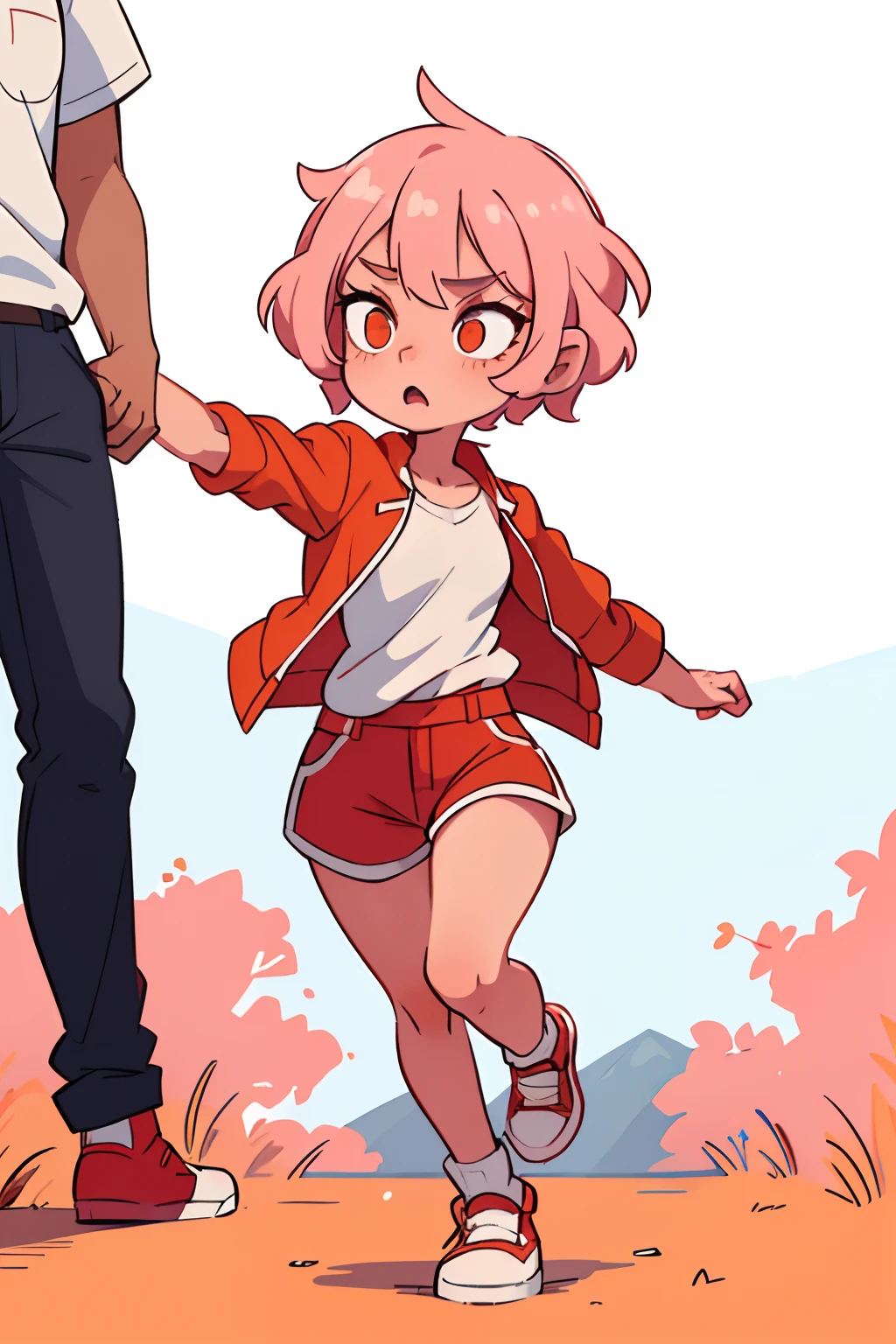 ((beste-Qualit, tmasterpiece)),
a 1girl, Short Hair Hair,White and pink hair,red jacket,Orange shirt,red trousers,red lines running across the eyes,White Skin Skin,White line at the mouth,white eyelashes,Black and white eyes