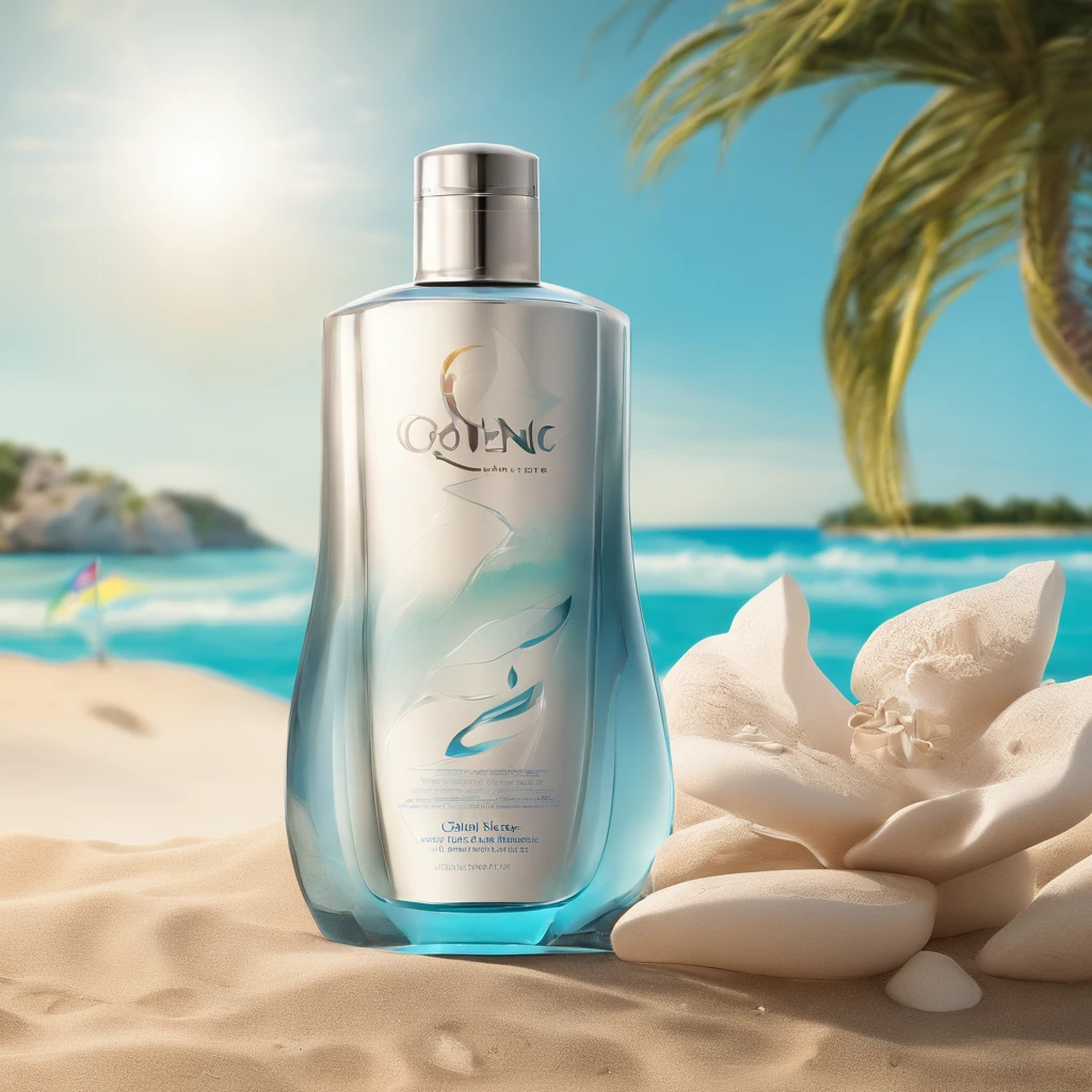 An olay body lotion, Modern glass jars, Blue liquid, Young inspiration, Women in bikinis, Right angle and round tip design, Gently tucked away on the sands of a beautiful beach, Paradisiacal beach, the sunset, Transparency of water, Thick glass refraction, Caustics are projected in the sand, Caribbean, surfing