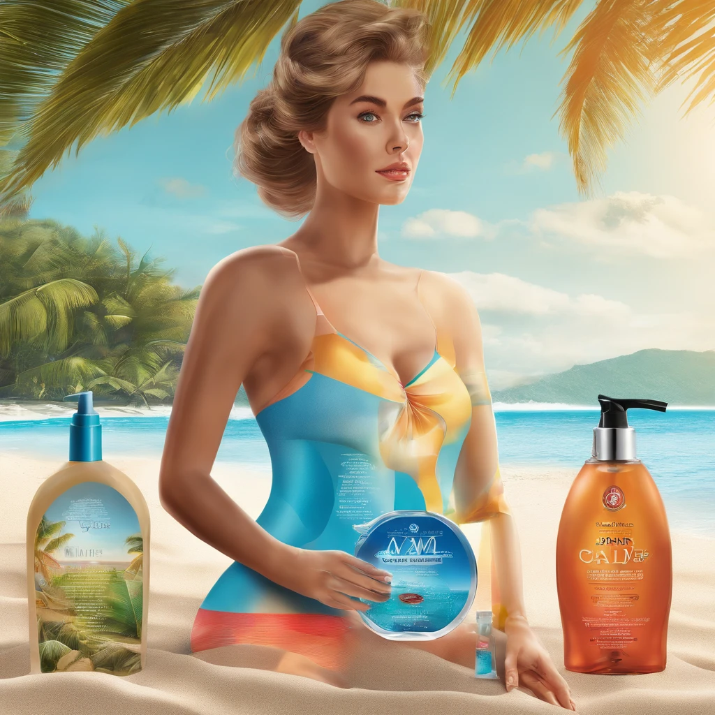 An olay body lotion, Modern glass jars, Blue liquid, Young inspiration, Women in bikinis, Right angle and round tip design, Gently tucked away on the sands of a beautiful beach, Paradisiacal beach, the sunset, Transparency of water, Thick glass refraction, Caustics are projected in the sand, Caribbean, surfing