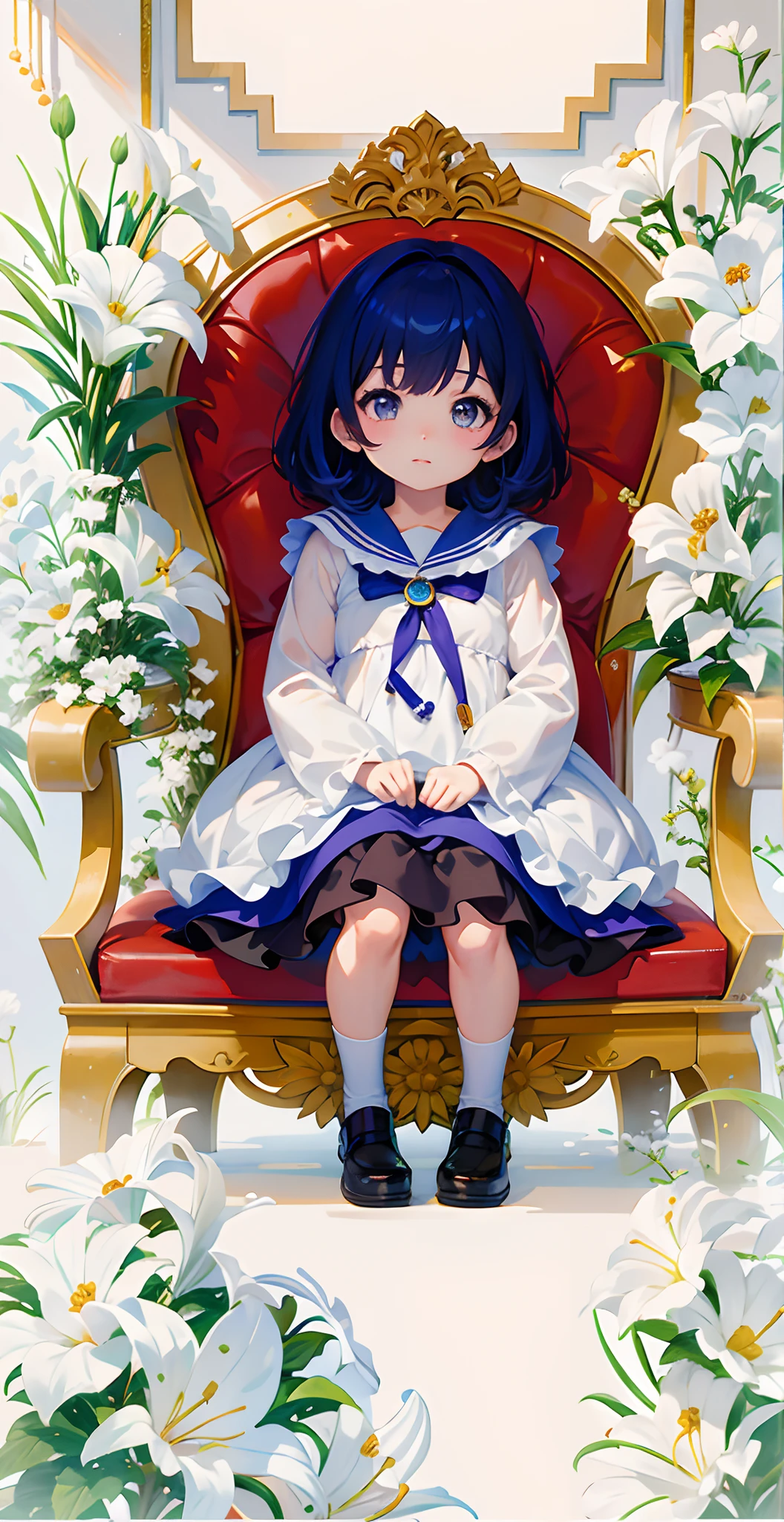 Menina anime sentada em uma cadeira vermelha com flores brancas, anime moe artstyle, visual anime de uma menina bonito, menina pequena Loli, anime illustration, arte oficial, Loli, small curvy loli, arte oficial do anime, menina anime jovem, menina anime bonito, Guweiz em Pixiv ArtStation, sentada em seu trono, arte de anime limpa e detalhada, Arte Oficial