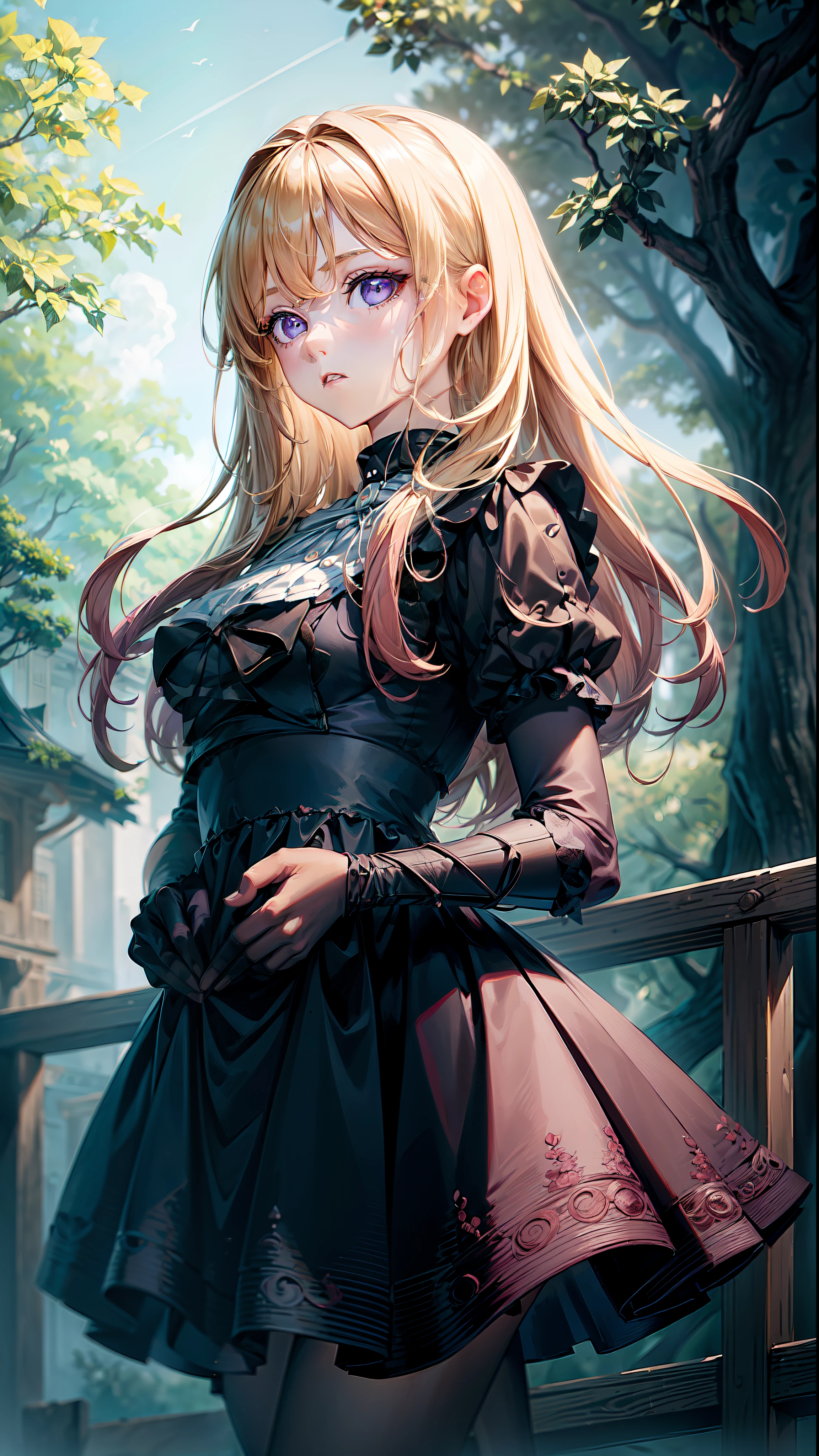 ((masterpiece, best quality)), 1girl, solo, short sleeves, (detailed eyes:1.3), pink eyes, (looking at the audience), long hair, blonde hair, sleeves, gothic, black dress, purple skirt, black gloves, outdoors, sleeves, full body, sunlight, daytime,