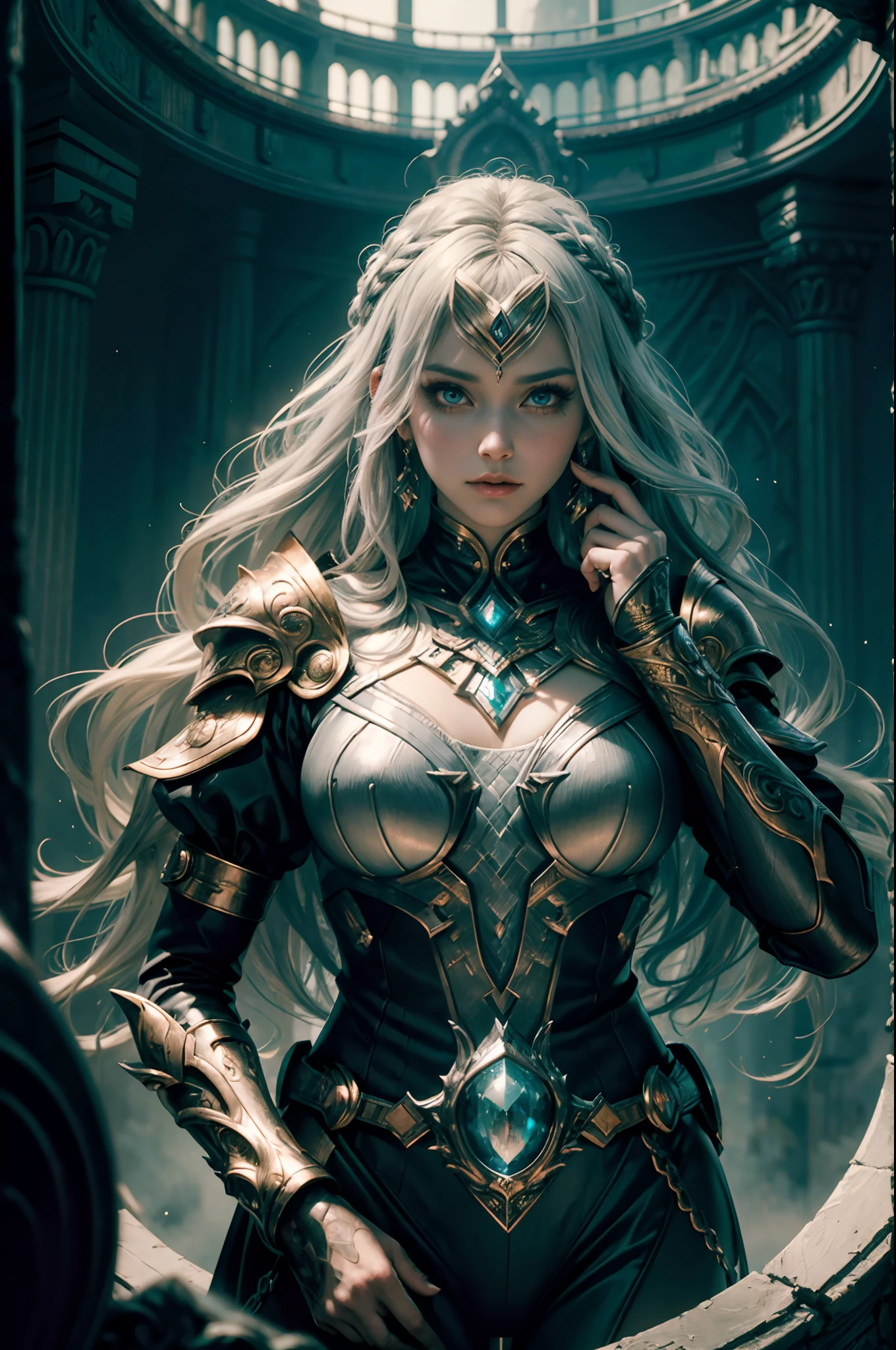 ((Best quality)) , ((Masterpiece)) , (Detailed) , Detailed, Award-Awarded,  1womanl, Platinum hairstyle, From inside [Supernatural:Giant:2] Asgard Palace, Centered on the horizon, visual novel, Grim, (Fantasyart), Key light, 80mm, Three colors, ((Moba style)), Silhouette, skin pore, ((Realistic and detailed)), absurderes, extremely hyper aesthetic, 8K resolution