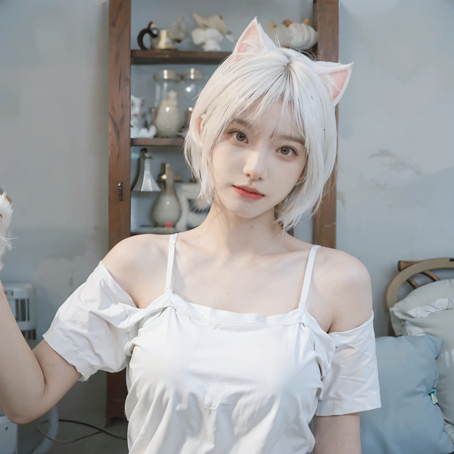 8K、(Sexy poses collection)、((Underwear))、(((White hair color))) 、undersized head、Best Quality, masutepiece, 超A high resolution, (Realism: 1.4), Original photo, (True skin texture: 1.3), (Film grain: 1.3), Beautiful eyes and face details, masutepiece, Best Quality, Full body、bob cuts、18year old、(((White cat ears)))