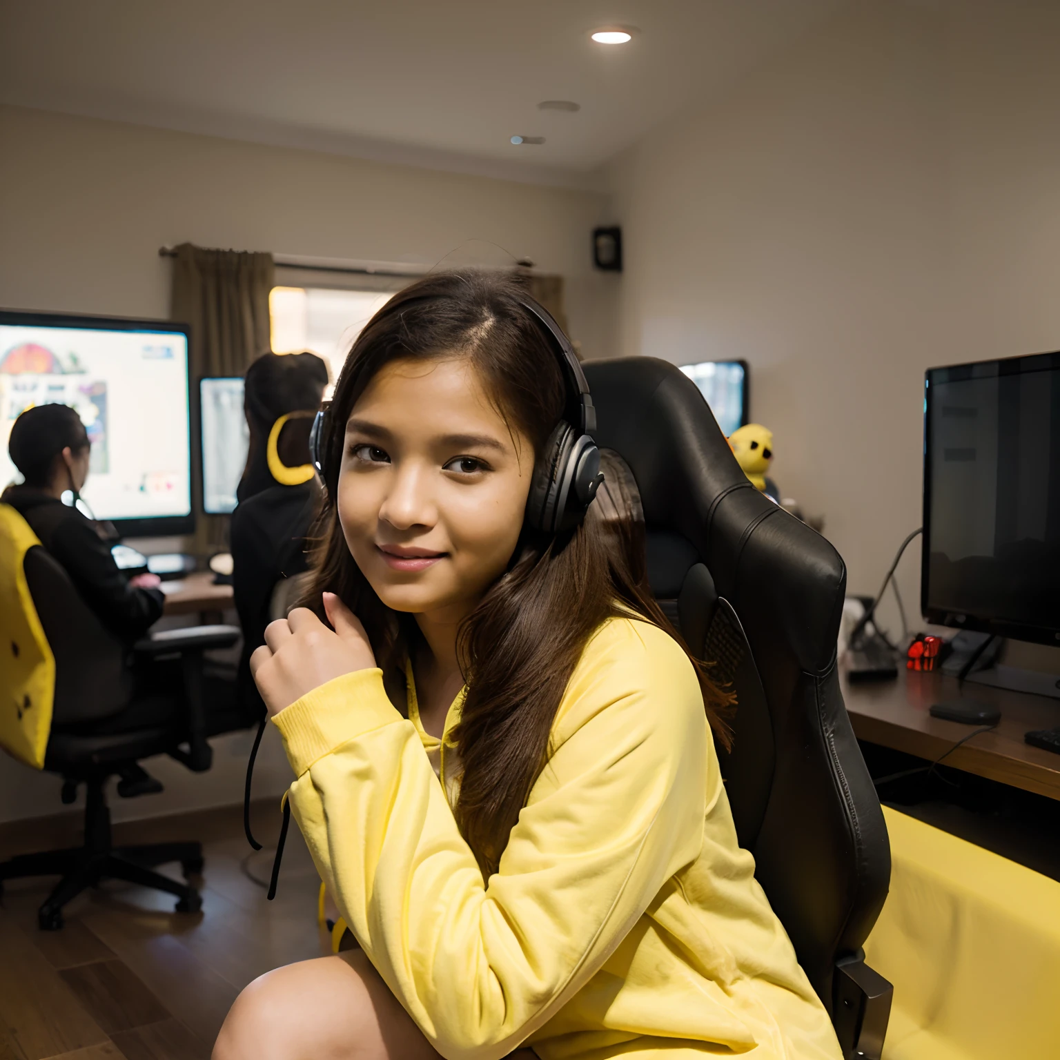 masterpiece, best quality, ultra-detailed, 8K,1girl,brown hair,looking at viewer,bokeh,(black eyes:1),wearing yellow pikachu hoodie,inside yellow gaming room,hugging pillow,sitting in gaming chair,wearing yellow headphone,1 girl,syifa