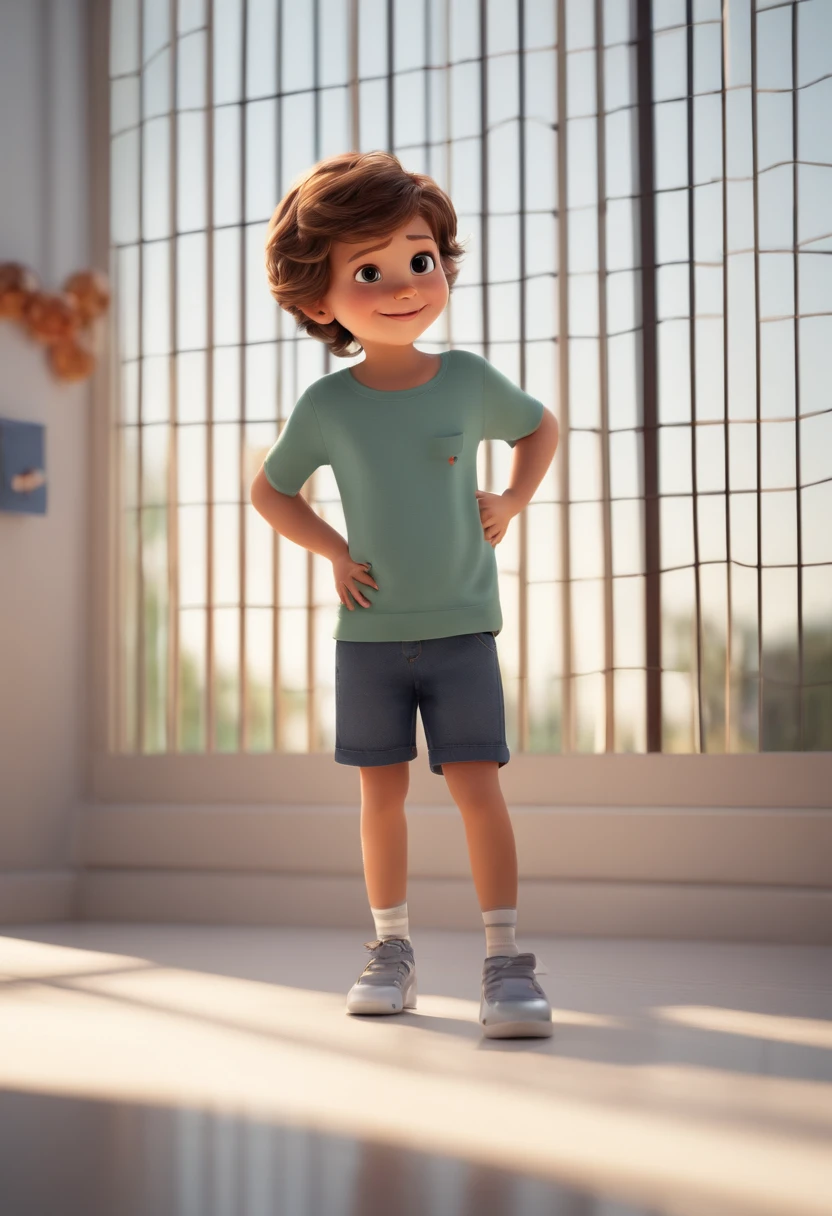 a happy cute kid standing short hair, vestindo uma fantasia espacial, , fundo branco, barnet, toon, estilo pixar, 3d, desenhos animados, rosto detalhado, asymmetrical 16k