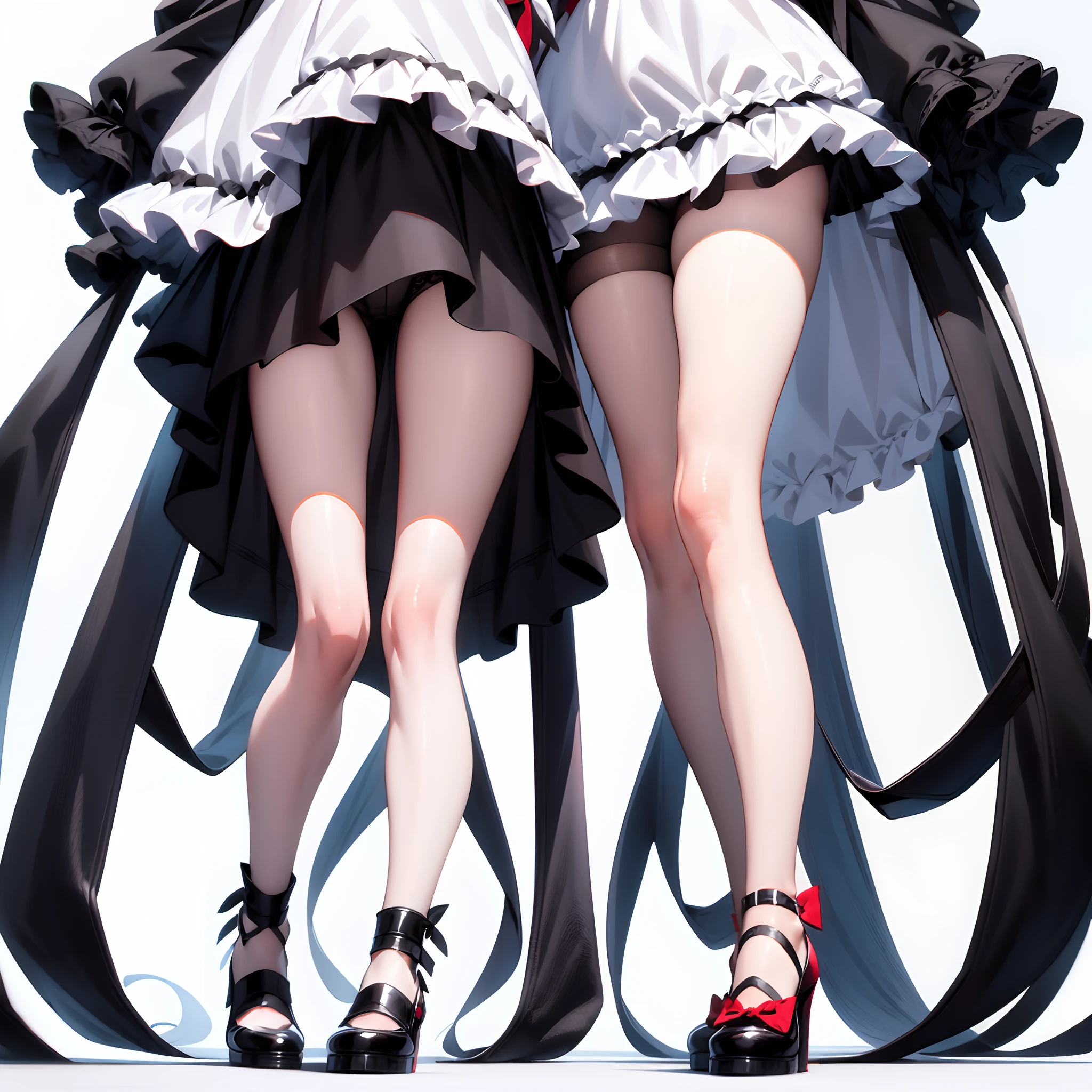 [(White background:1.5)::5], (Bottle Bottom:0.9), 1 girl, mid-shot, Full body,White hair,Black Dress,Red bow,Black shoes,brue eyes,Long legs,Streitleg,Black legwear,