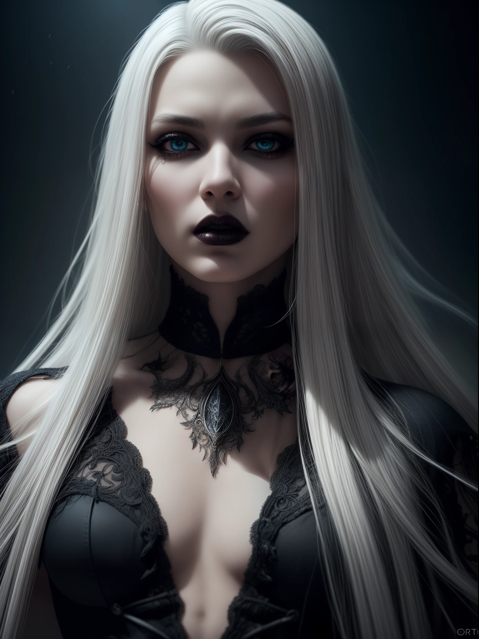 Mulher baixa cabelos CACHEADOS longos pretos meio avermelhados, BLUE eyes white skin dressed in black gothic dress like a sorceress perfect body perfect face realistic quality good lighting great 4k with tattoos