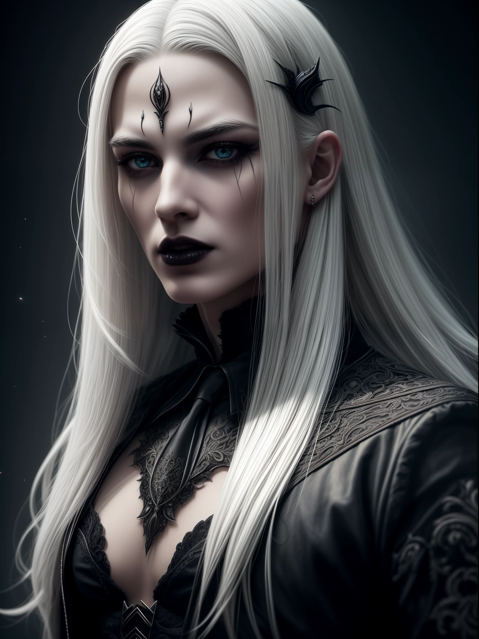 Insanely detailed photograph of a gorgeous vampire man, goth Renaissance, long voluminous white hair, intricate white  eyes, fantastical, vampire, ethereal, hyperdetailed, 32k resolution, dynamic lighting, hyperdetailed, intricately detailed, trending on Artstation, triadic colors, volumetric lighting, BalenciagaStyle