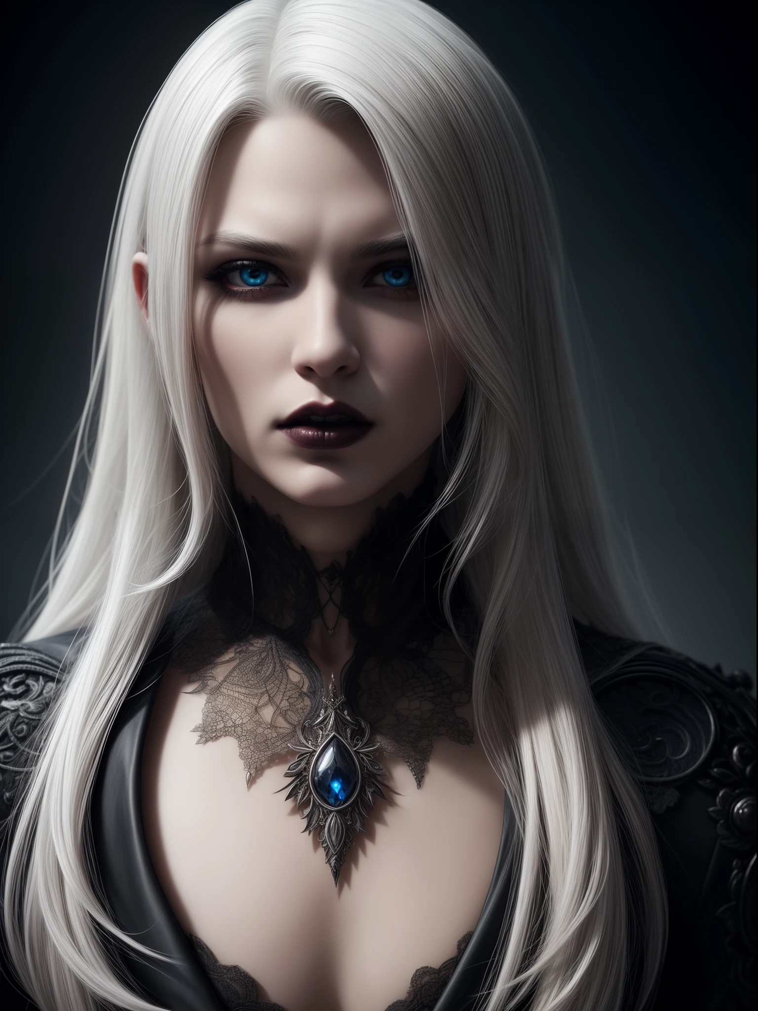 Insanely detailed photograph of a gorgeous vampire man, goth Renaissance, long voluminous white hair, intricate white eyes, fantastical, vampire, ethereal, hyperdetailed, 32k resolution, dynamic lighting, hyperdetailed, intricately detailed, trending on Artstation, triadic colors, volumetric lighting, BalenciagaStyle