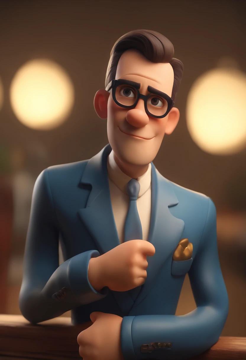 Cartoon character of a man wearing black glasses and a blue shirt, um personagem animado, Caractere estilizado, animation style rendering, 3D estilizado, Arnold Maya render, 3 d render stylized, toon render keyshot, Personagem 3D, Personagem 3D, 3d rendering stylized, 3 d character render, personagem de desenho animado, Personagem de close up, Pose de personagem, (Estilo Pixar) (master part:1.2) (Bokeh) (best quality) (pele detalhada) (textura detalhada) (8k) (argila) (Cinematic lighting) (foco nítido，Senta e vaza a parte superior do corpo