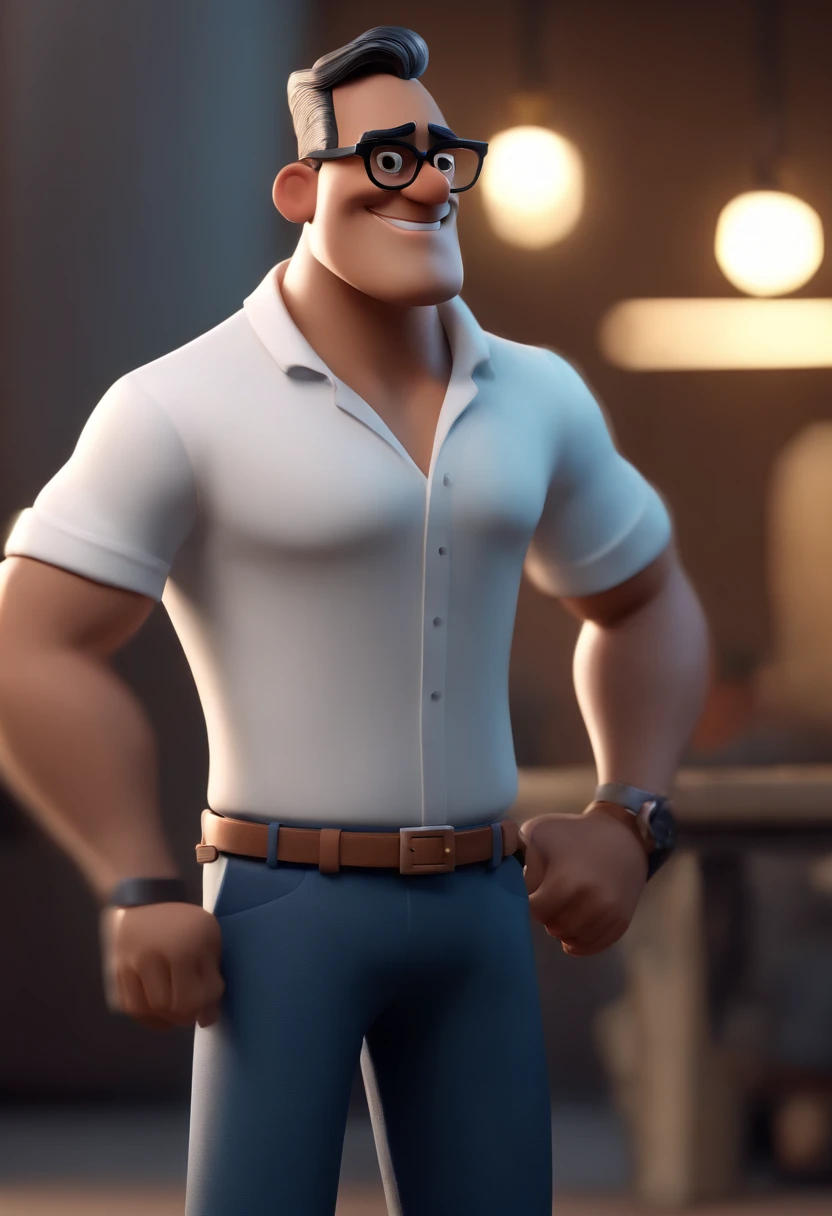 Cartoon character of a man wearing black glasses and a blue shirt, um personagem animado, Caractere estilizado, animation style rendering, 3D estilizado, Arnold Maya render, 3 d render stylized, toon render keyshot, Personagem 3D, Personagem 3D, 3d rendering stylized, 3 d character render, personagem de desenho animado, Personagem de close up, Pose de personagem, (Estilo Pixar) (master part:1.2) (Bokeh) (best quality) (pele detalhada) (textura detalhada) (8k) (argila) (Cinematic lighting) (foco nítido，Senta e vaza a parte superior do corpo